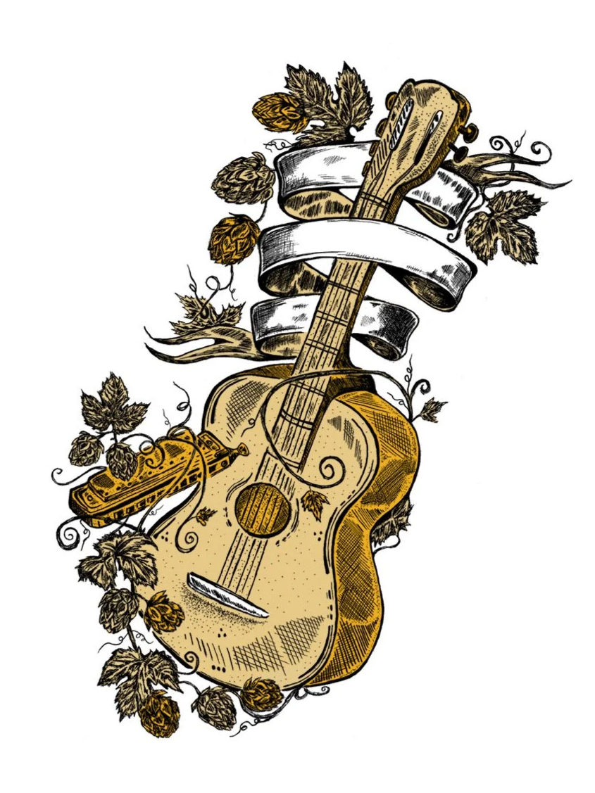 Pen and ink illustration of a guitar with hops wrapped around it and an open banner to put the beer name. 