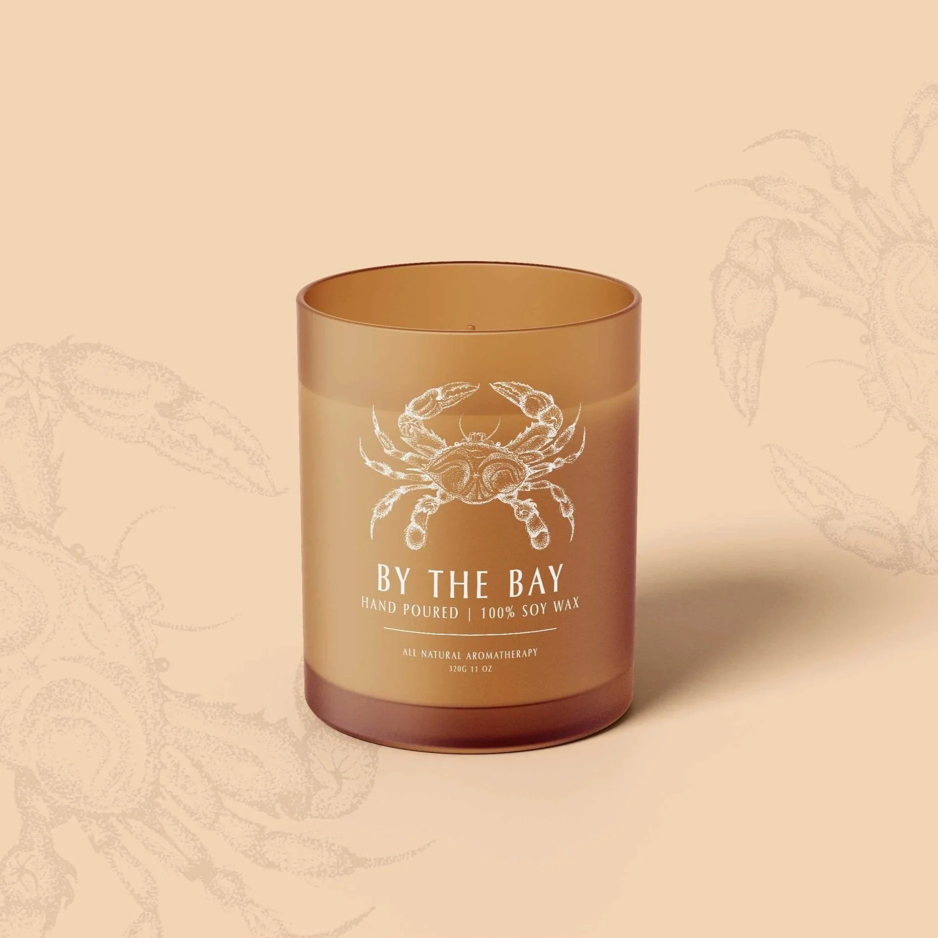 Crab illustration on a votive candle label. 