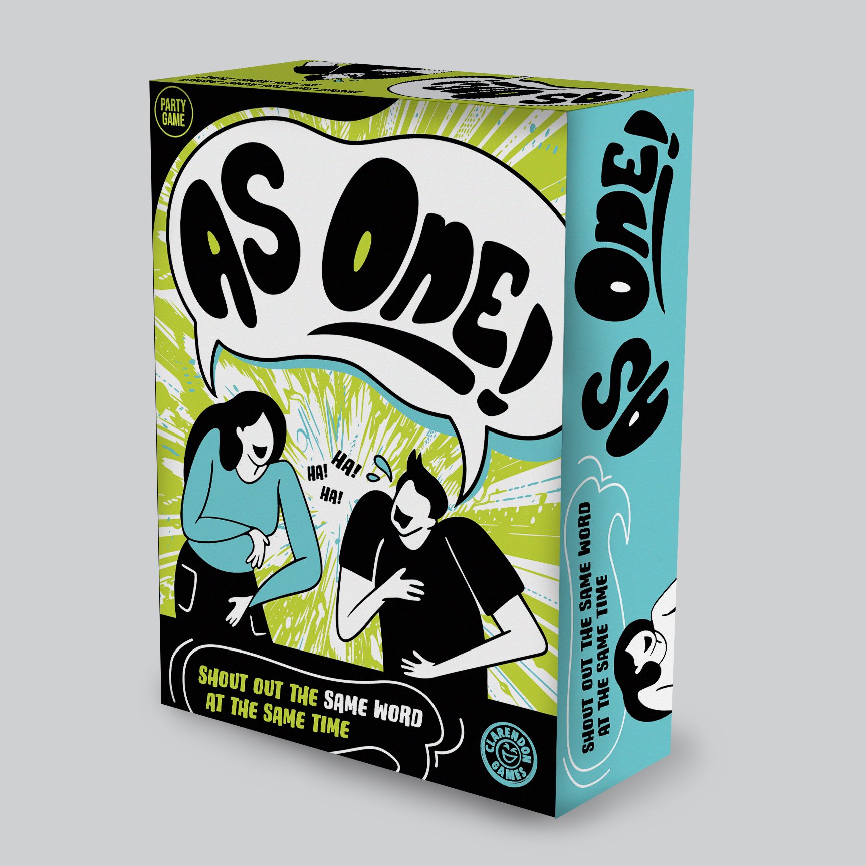 Card game box design with character illustrations for As One. 