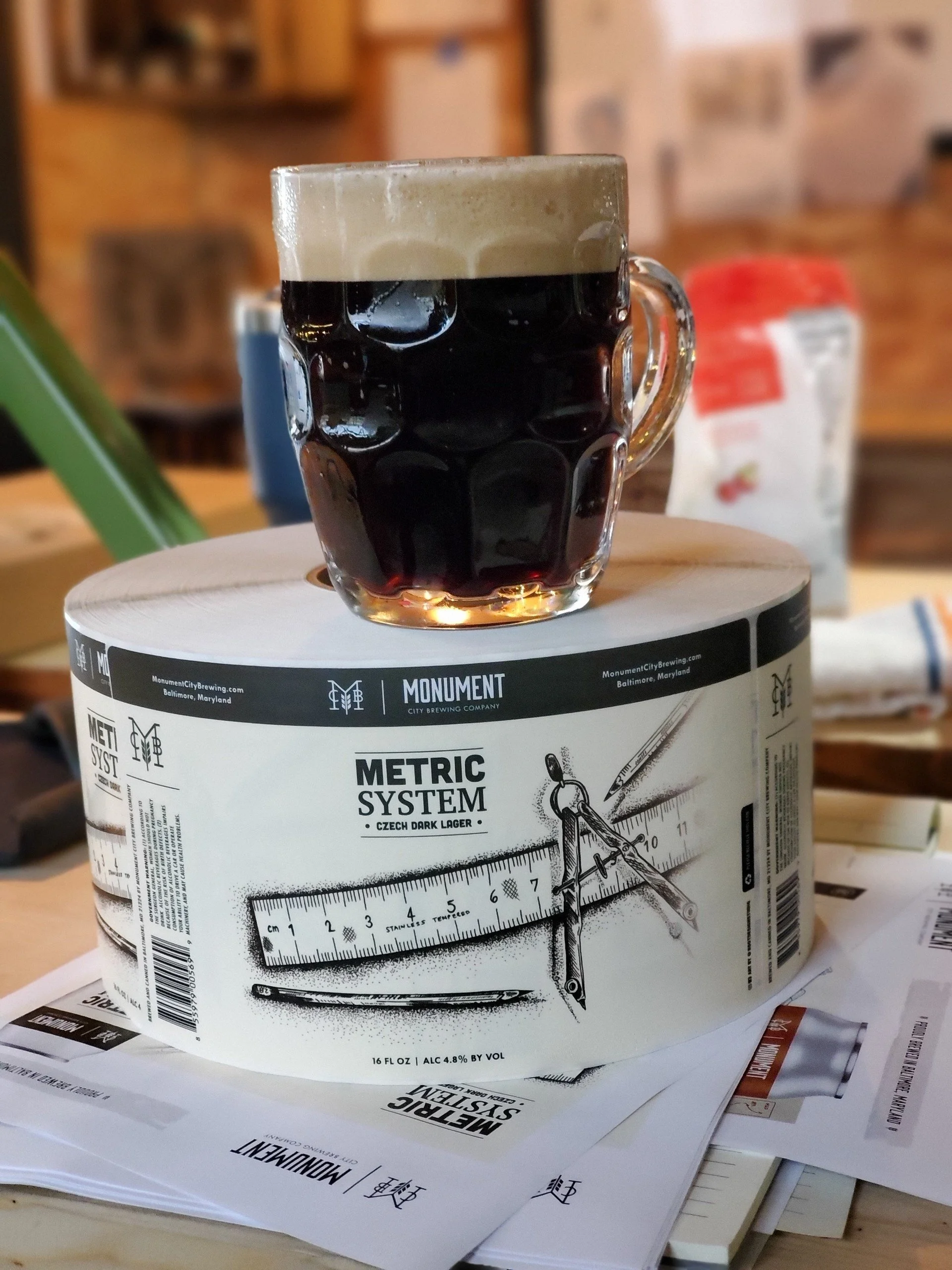 Beer label design with metric tools illustrated by hand to show the craftsmanship of the labels.