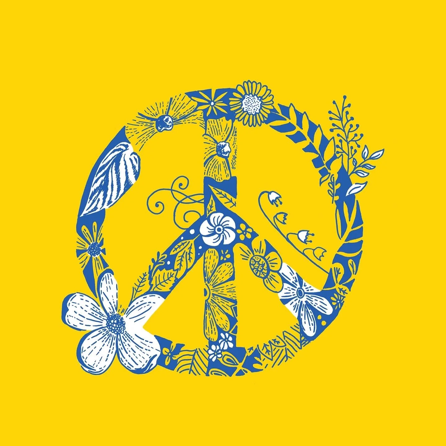 Peace sign with flowers in the yellow and blue color palette to support the war in Ukraine. 
