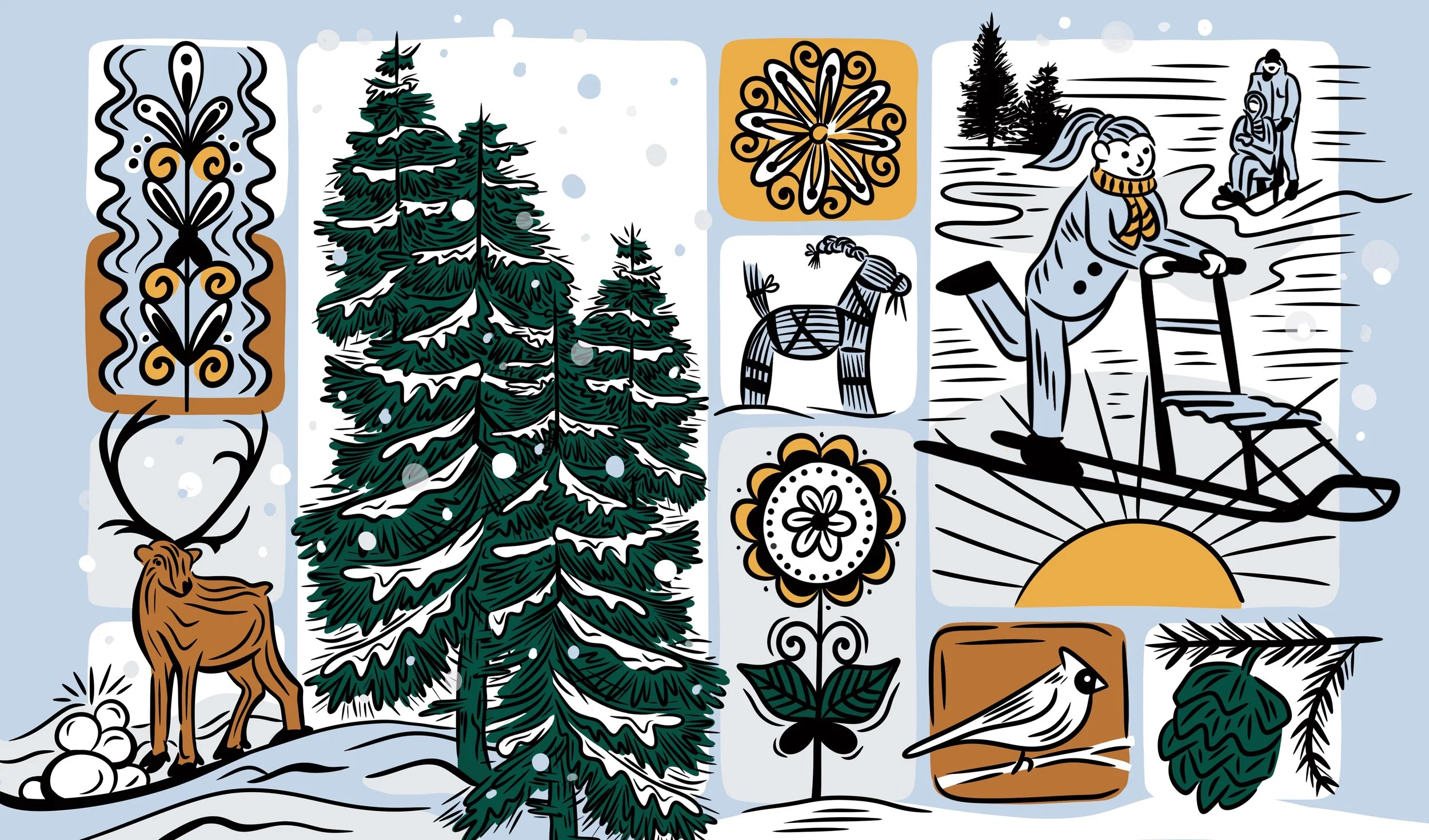 Sweden line art illustrations showing winter scenes, deer, pine trees with snow and sled rides.  