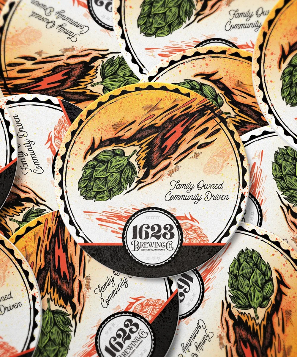Brewery coasters with hop comet illustration. 