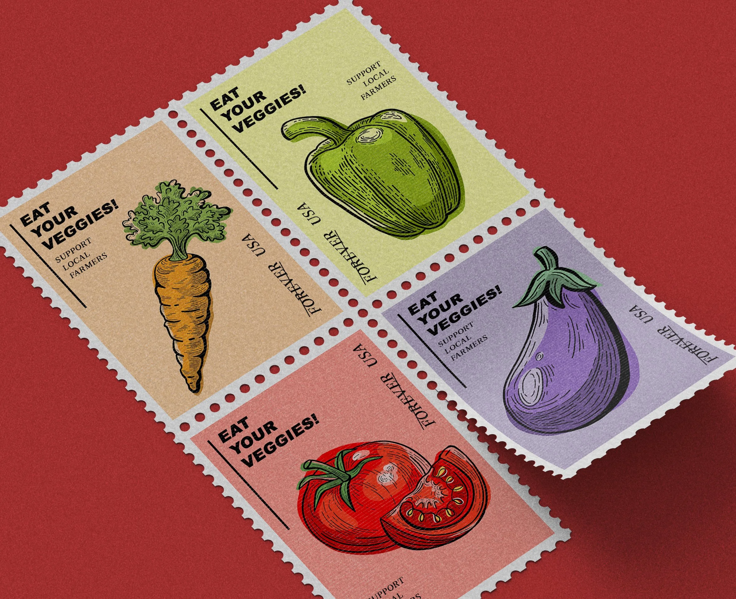 Vegetable illustrations drawn in a vintage etching style designed for postage stamps.