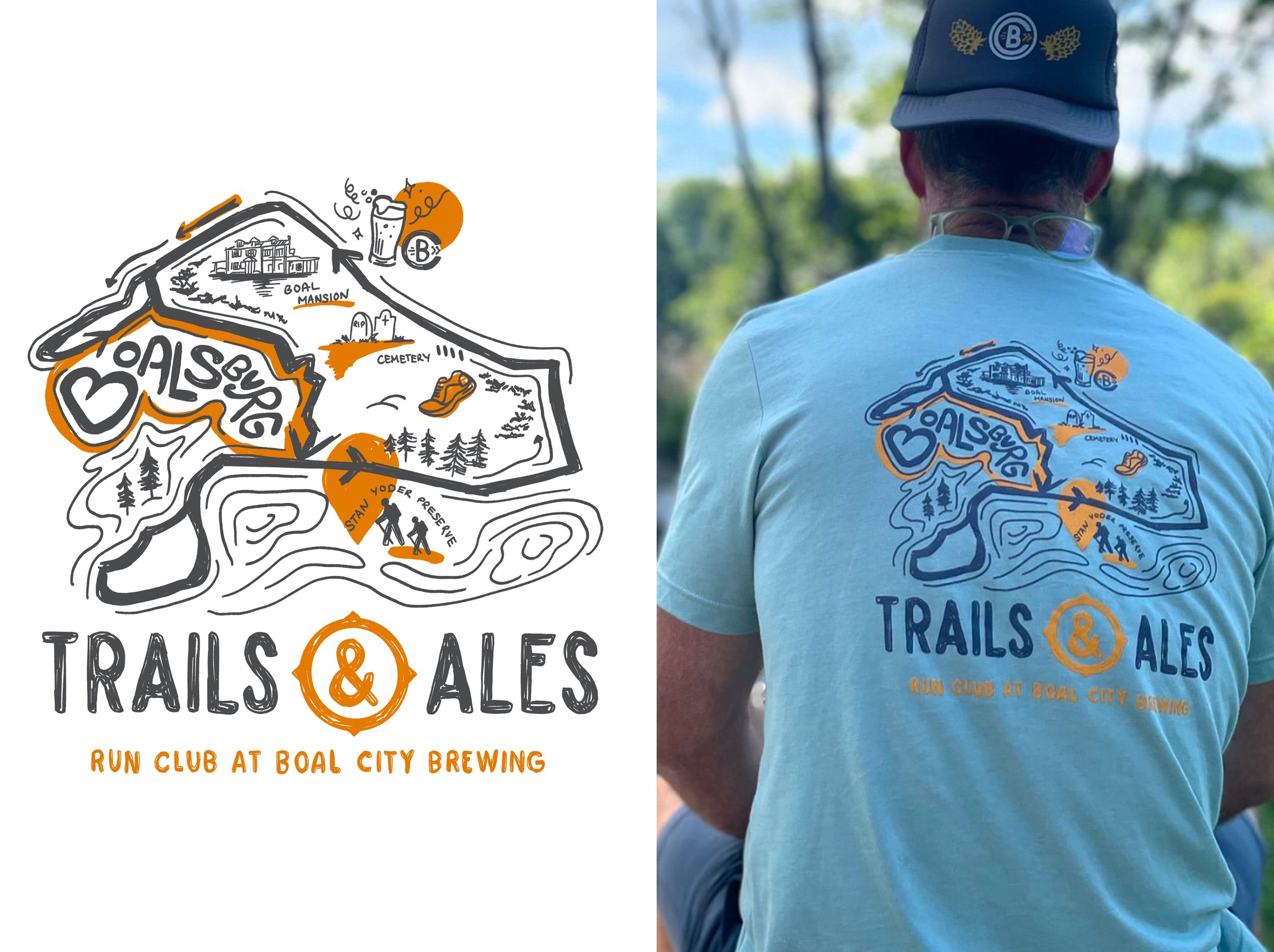 T-shirt design for trails & ales brewery tour in Boal City. 