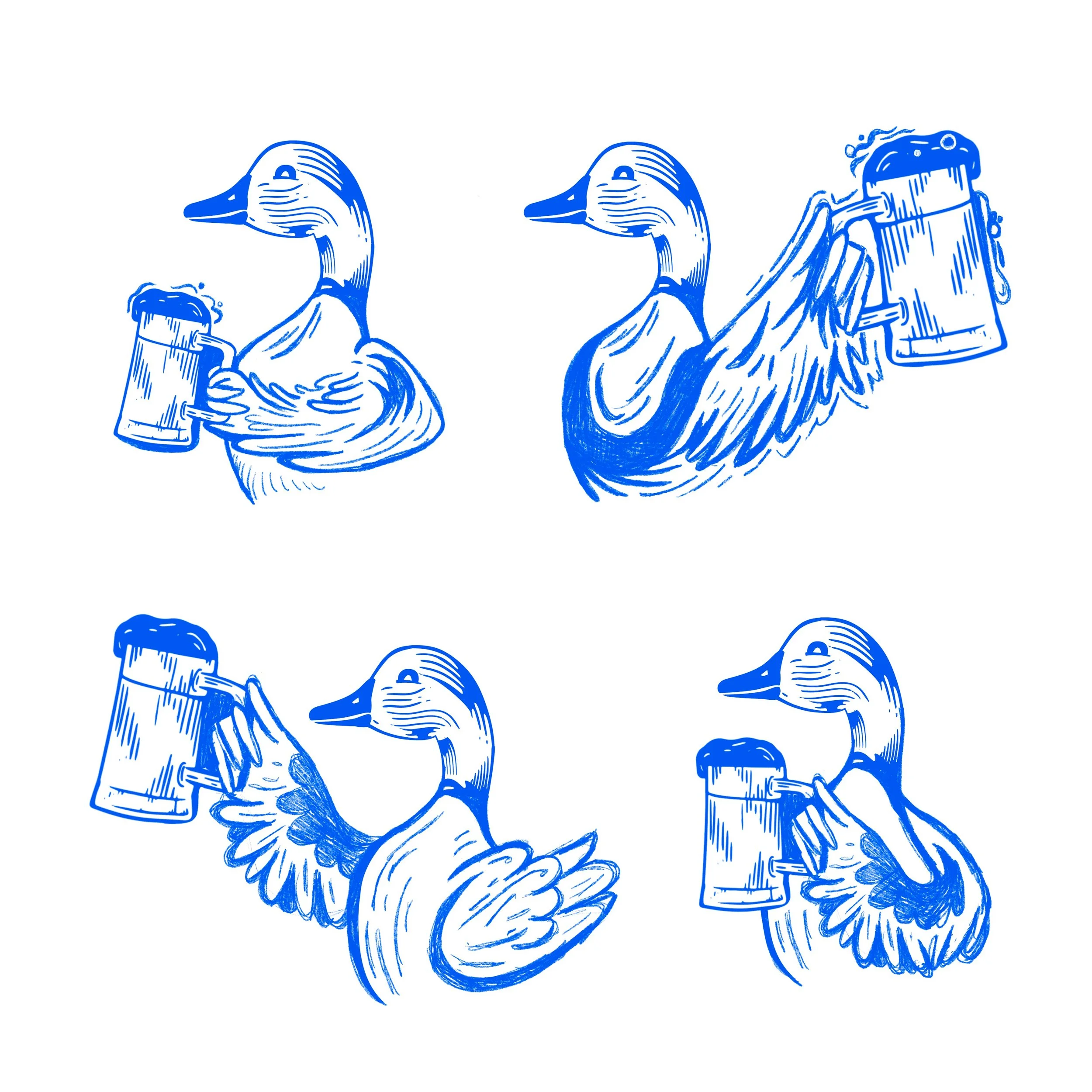 Etching style illustration of a blue duck holding a beer drawn in a vintage engraving style.