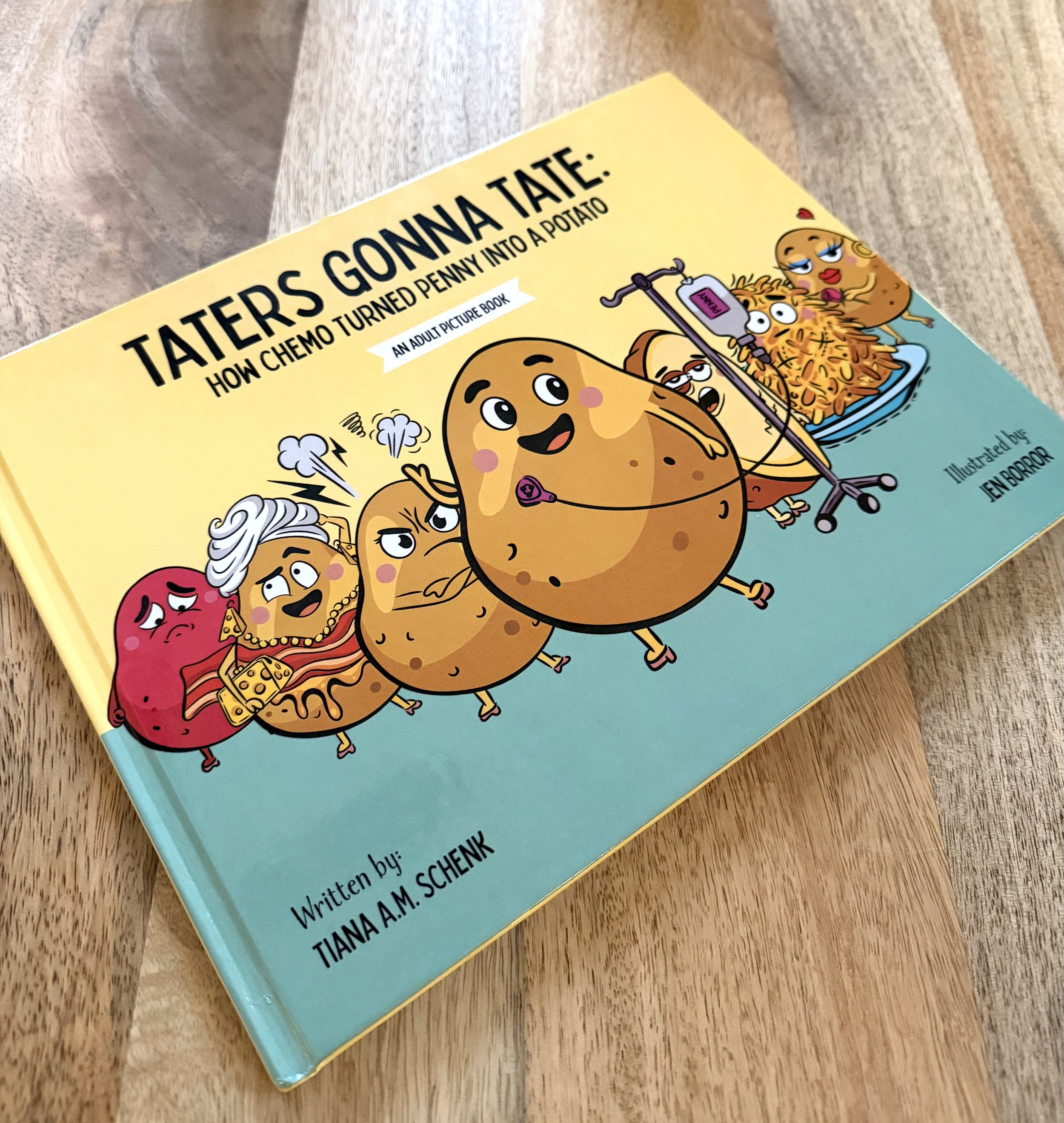 Cartoon illustrations of potatoes drawn for the cover of an adult pitcure book about cancer and chemo. 
