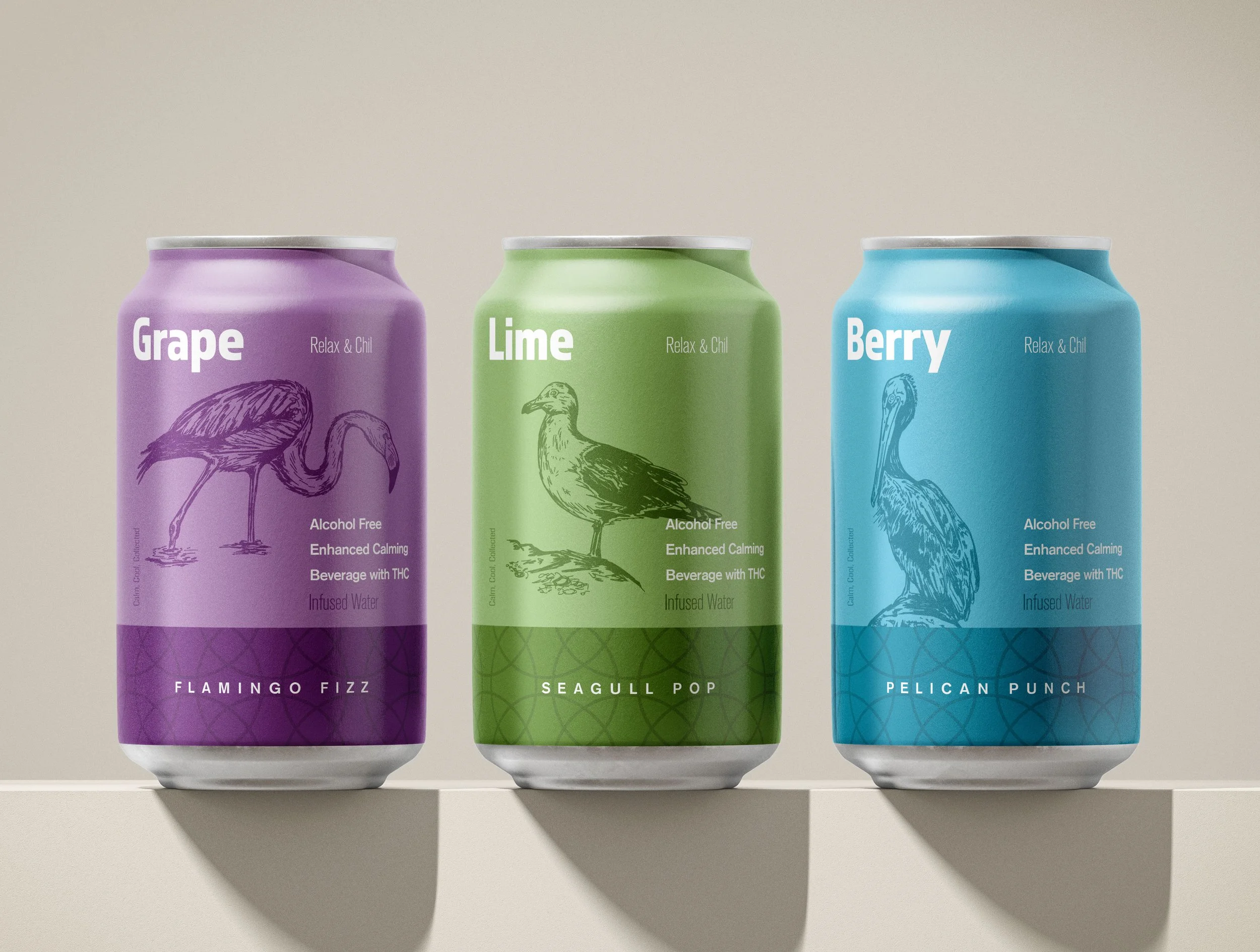 Drink packaging design for a THC infused beverage with bird illustrations on the label for branding. 
