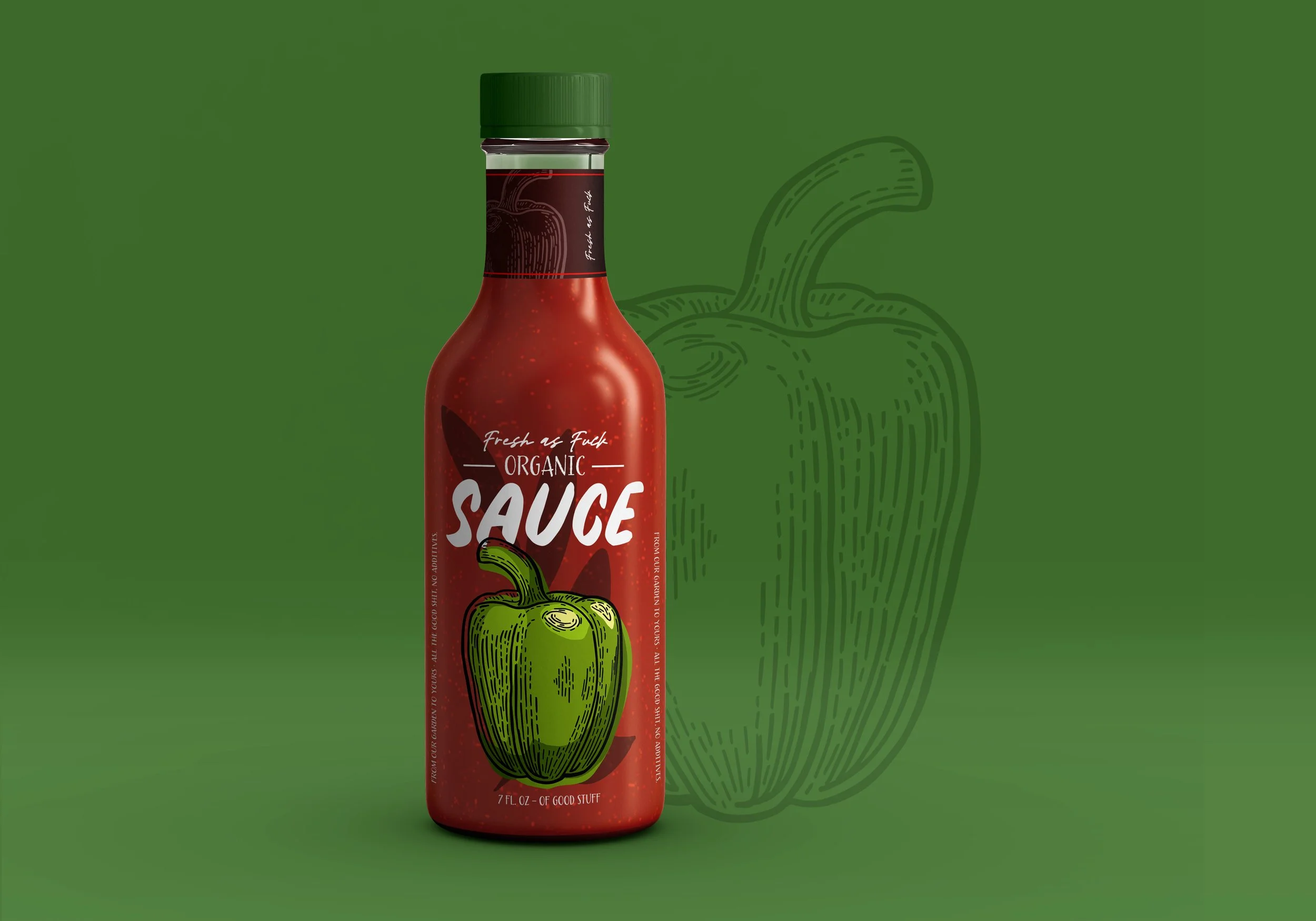 Hot sauce label design with a vintage pepper illustration on the packaging.