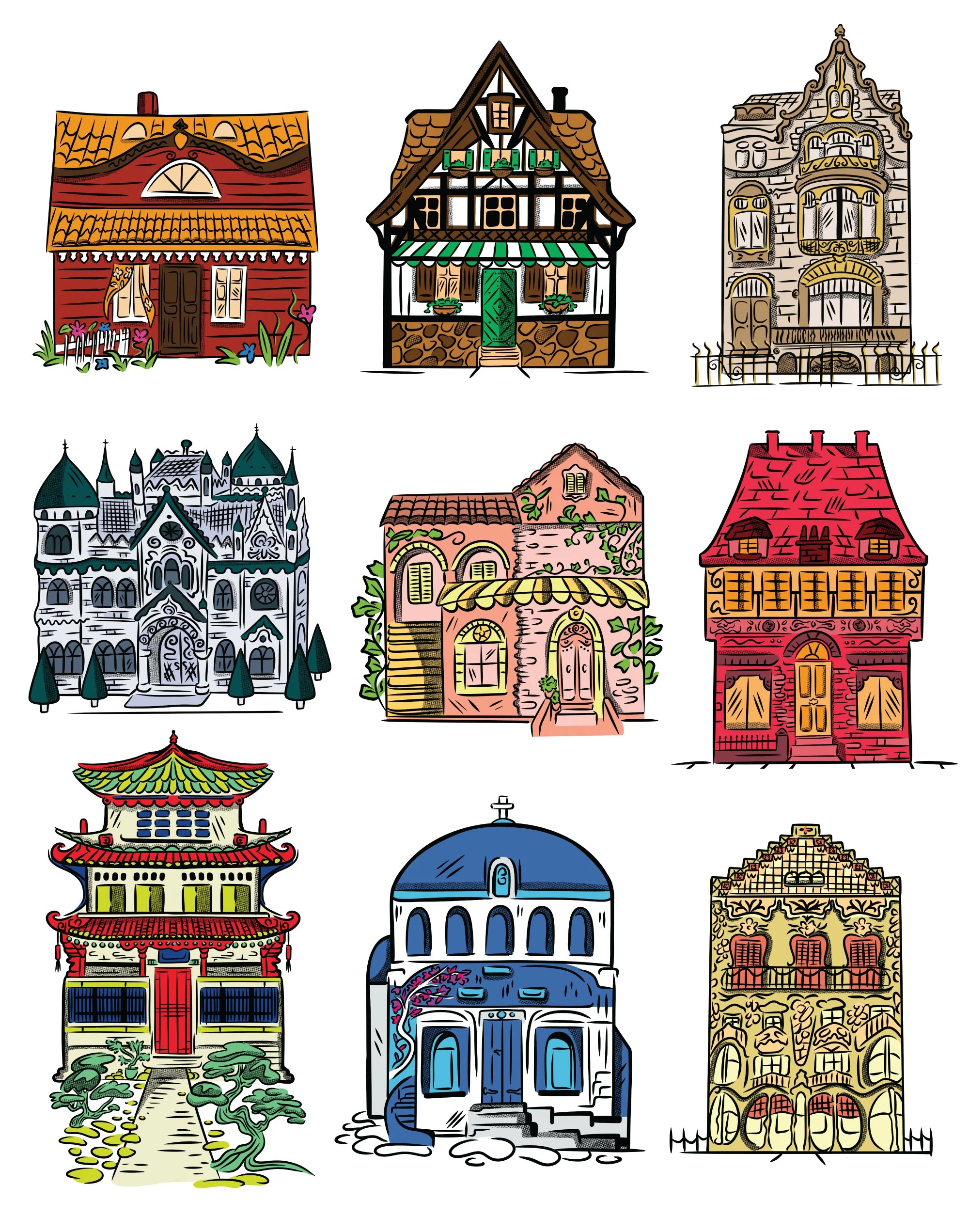 Japan, Korea, Italy and Germany house architecture clipart drawings. 