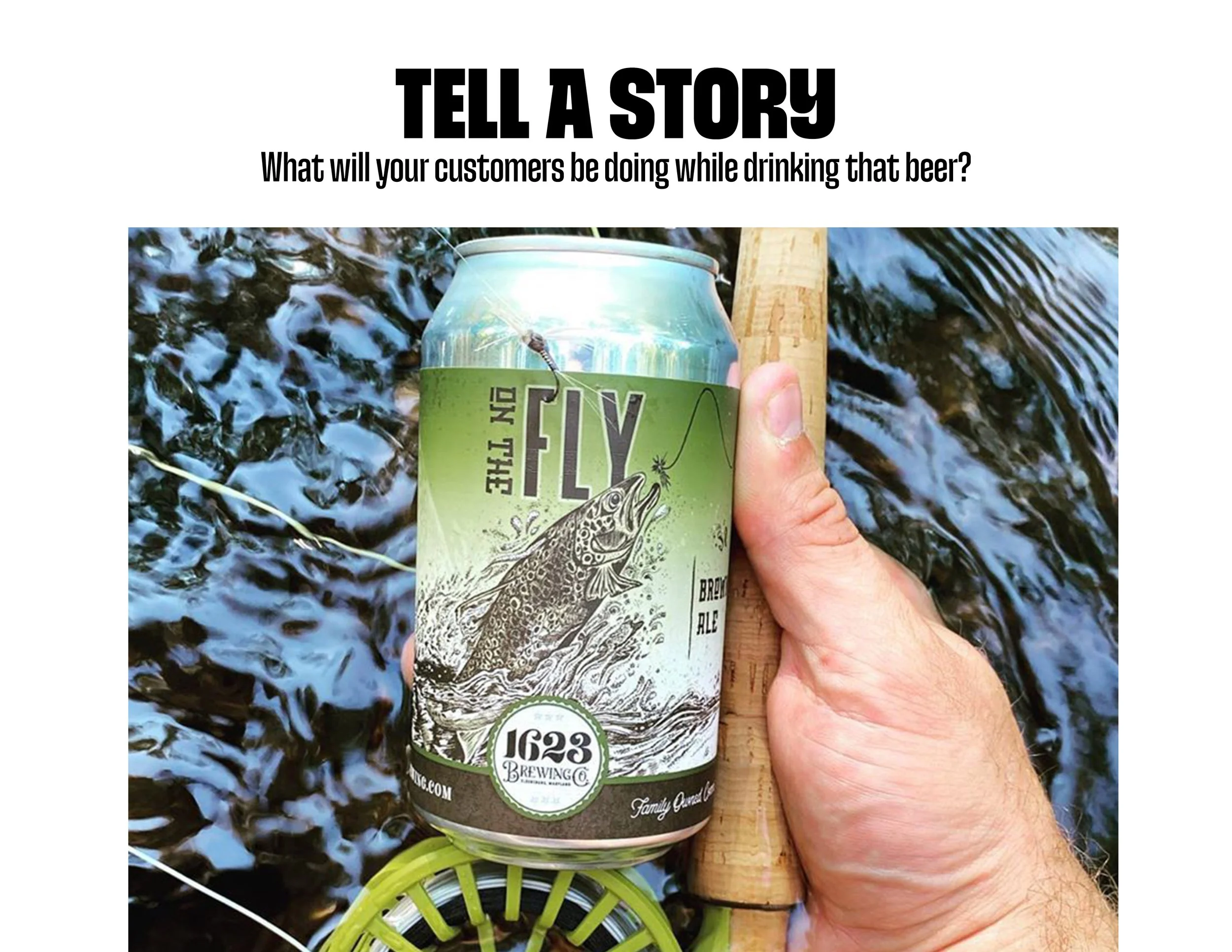 Beer label design with hand drawn fish illustration that tells a story about fly fishing while drinking the beer.