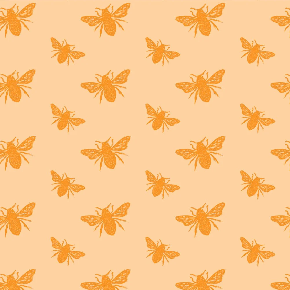 Vintage style repeat pattern of honey bees that were carved as lino prints. 