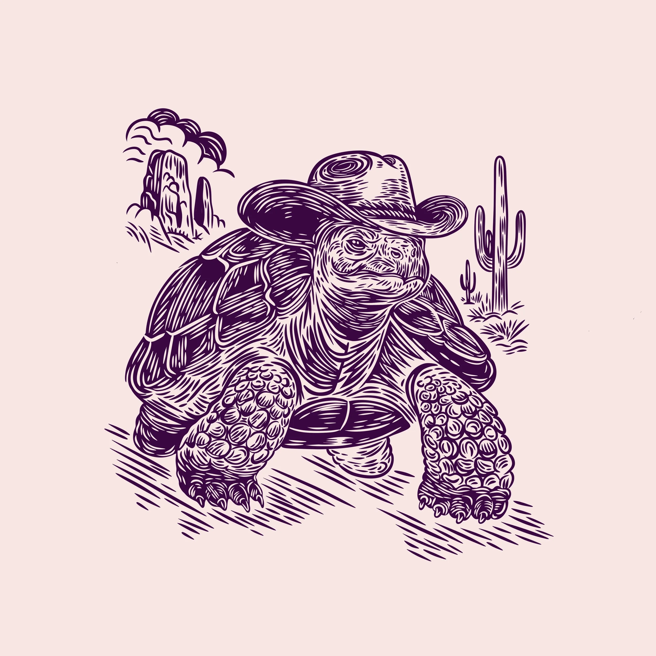 Turtle with cowboy hat illustration drawn in a lino cut vintage style. 