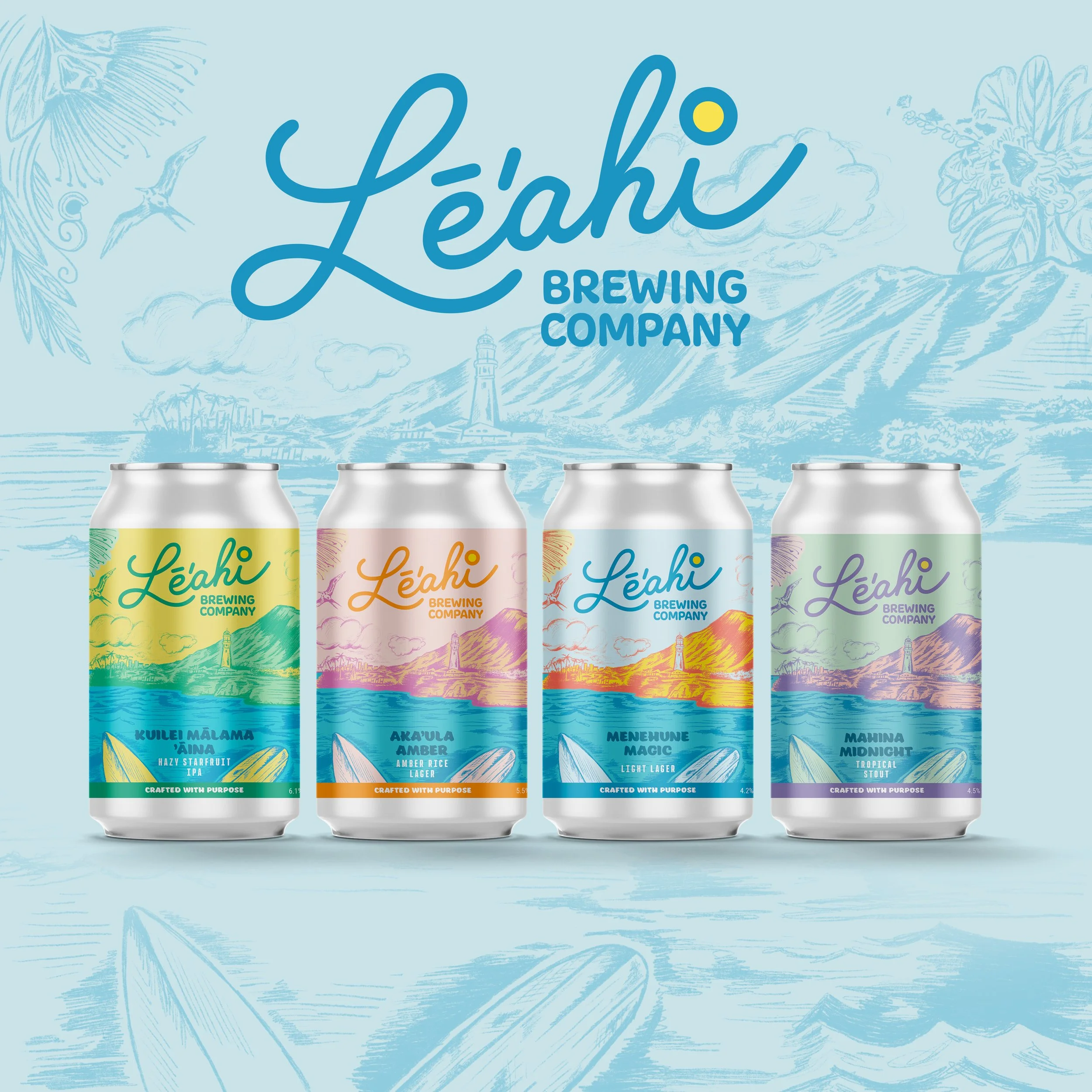 Hand-drawn illustrations for Leahi Brewing Company and their new flagship beer release in Hawaii. 