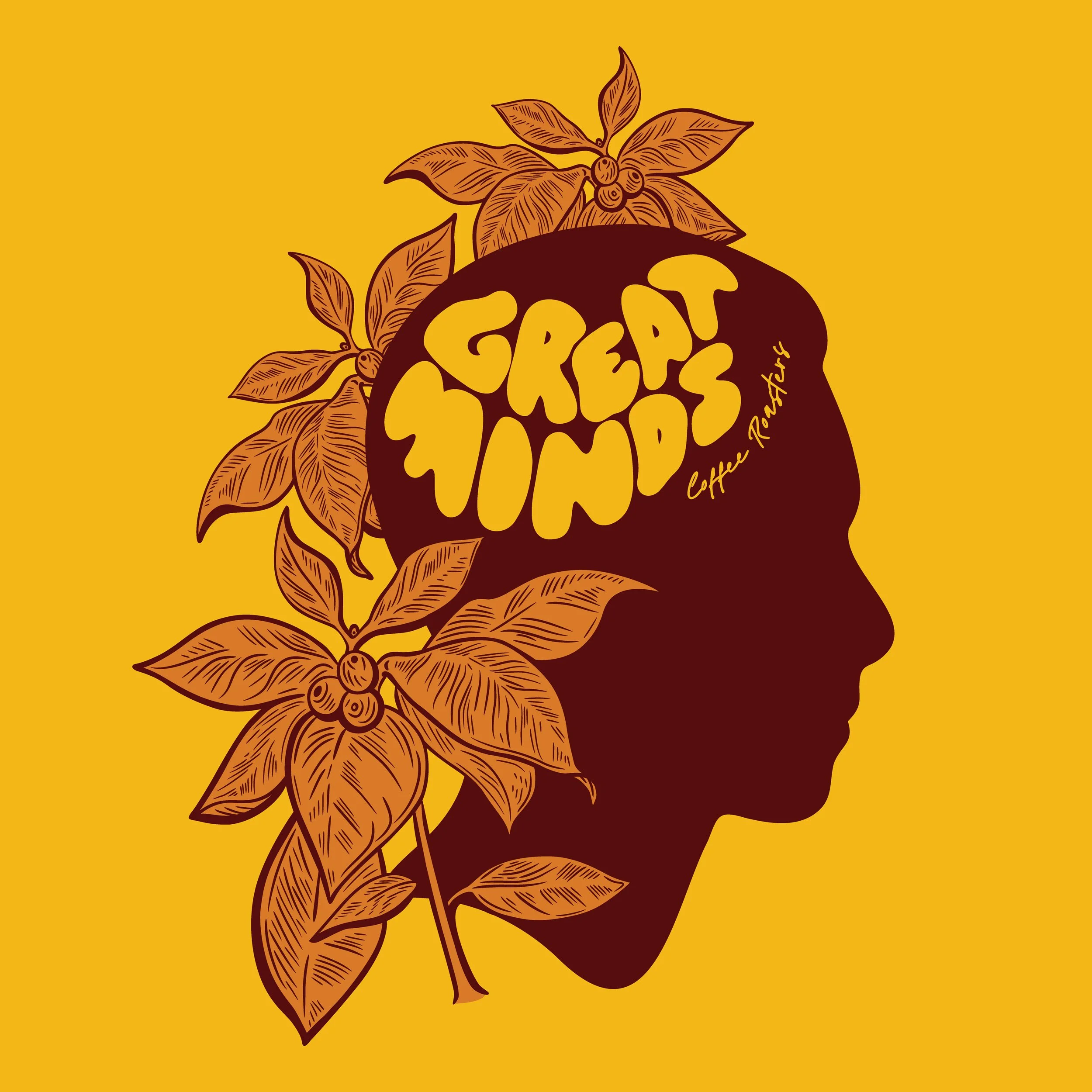 Graphic style illustration of coffee plants and a shiloutte of a head for Great Minds Coffee Roasters.