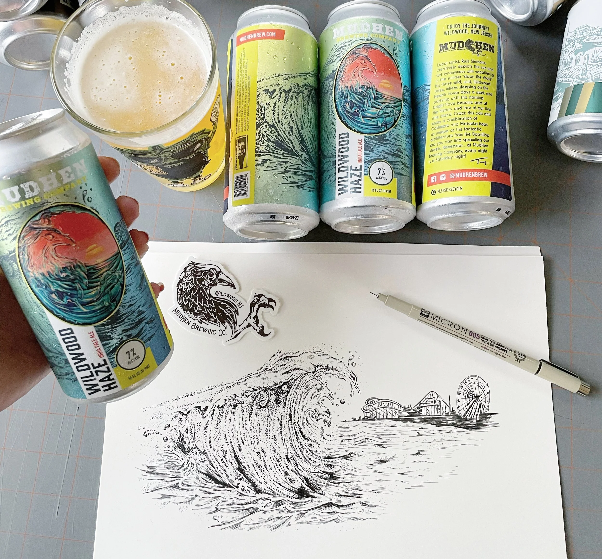 Hand drawn wave at the Wildwood, NJ beach illustrated for a beer label design.