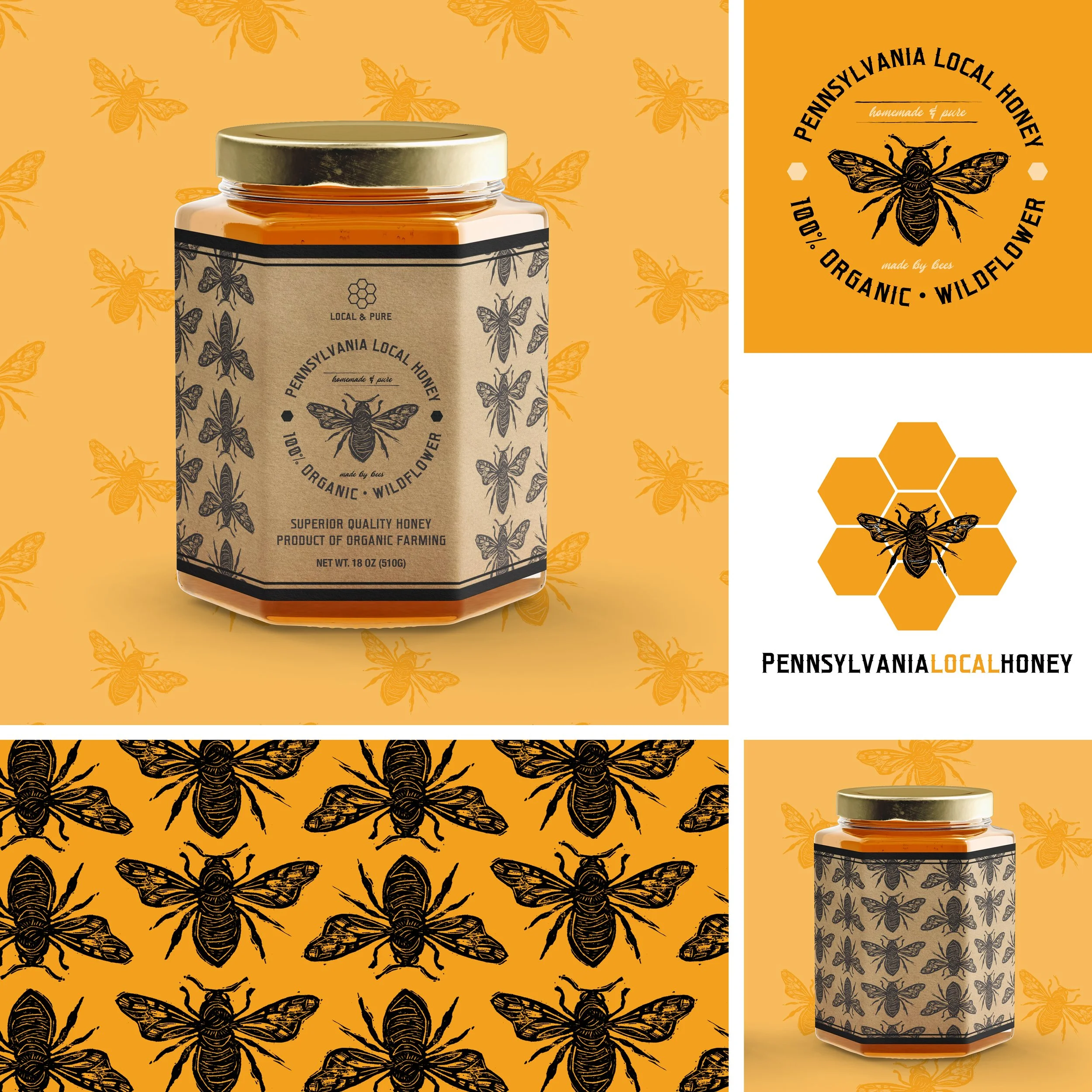 Branding for honey brand showing hand carved lino illustration of a bee and how the design is used in the logo, label and repeat pattern on the packaging. 