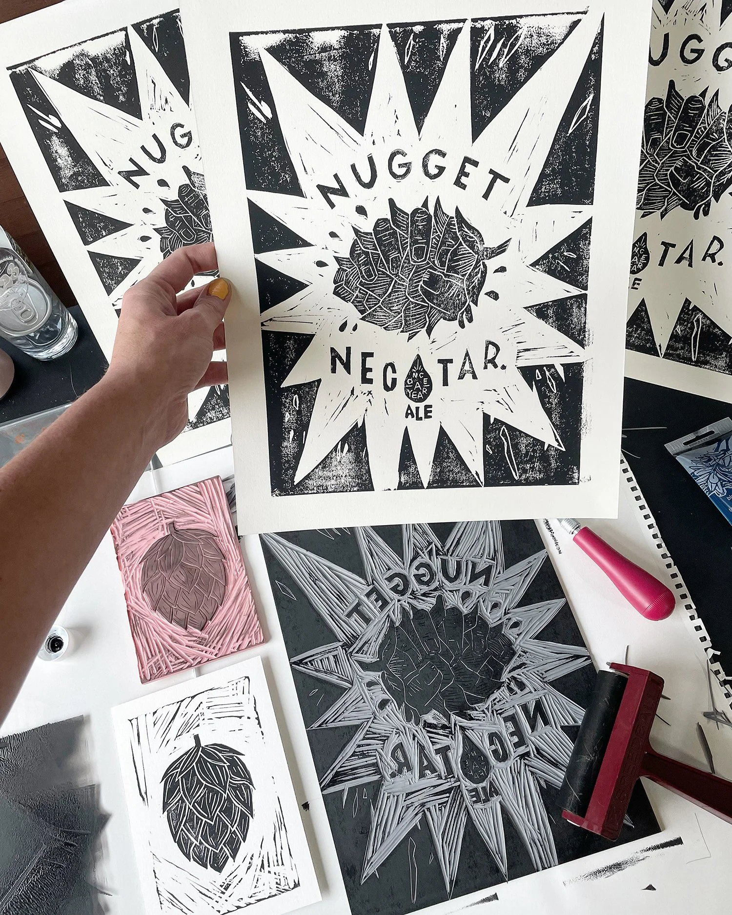 Nuggest Nectar by Troegs Brewing Co lino cut print carved by hand. 