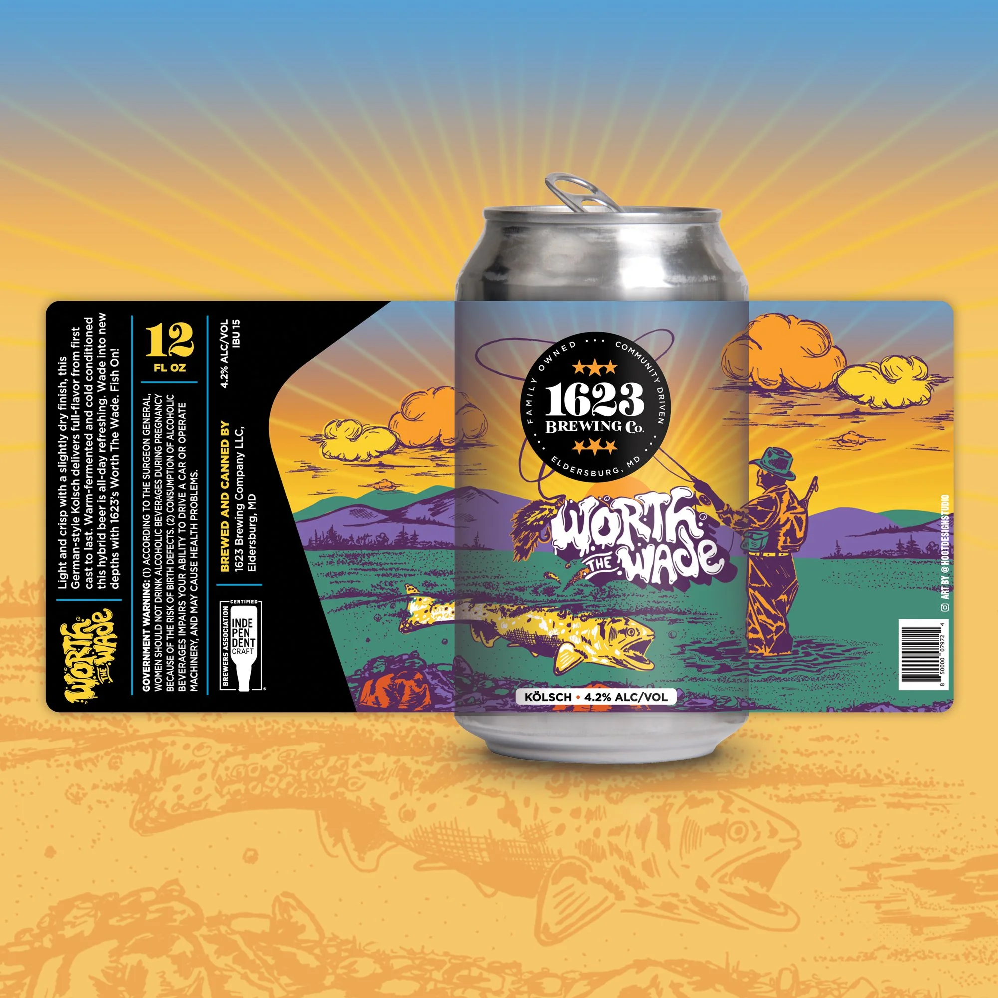 Beer label design for 1623 Brewing Co in Maryland with a fisherman on the label. 