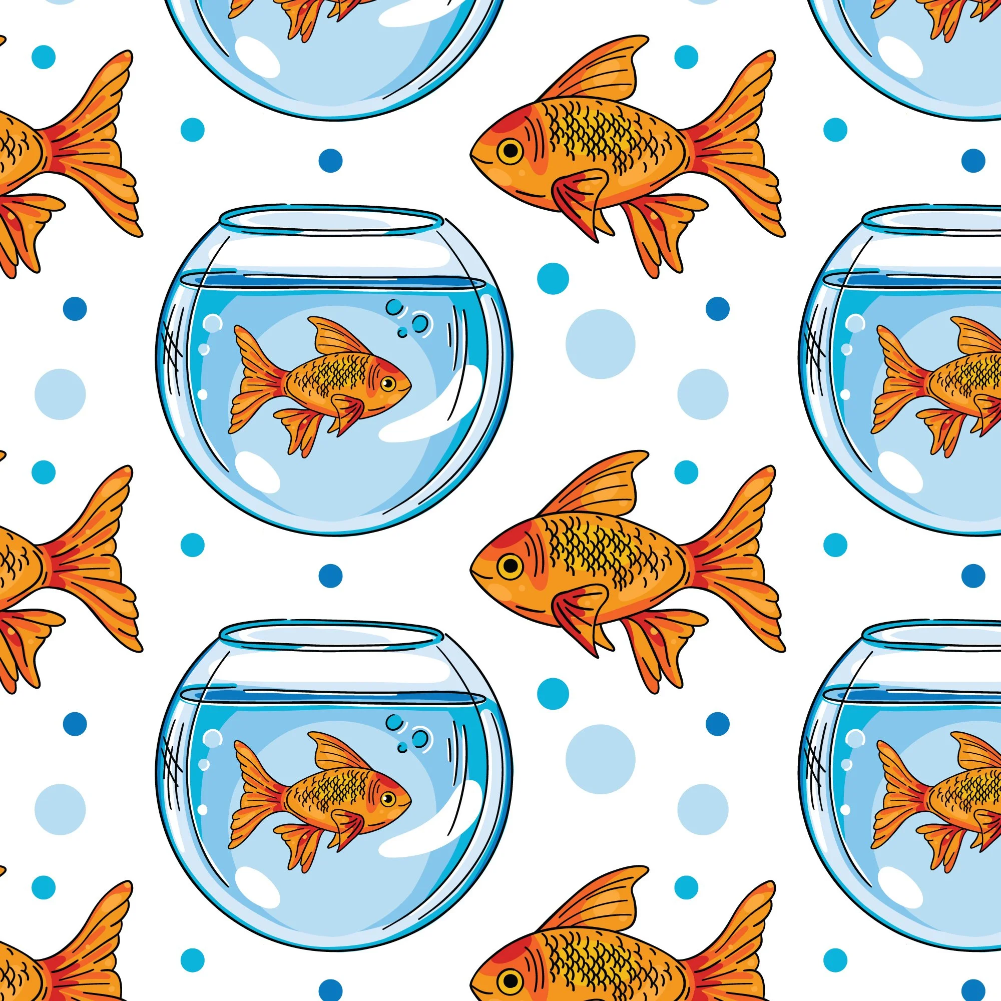 Cute goldfish in bowl pet repeat pattern design for textiles, fabric and surface designs. 