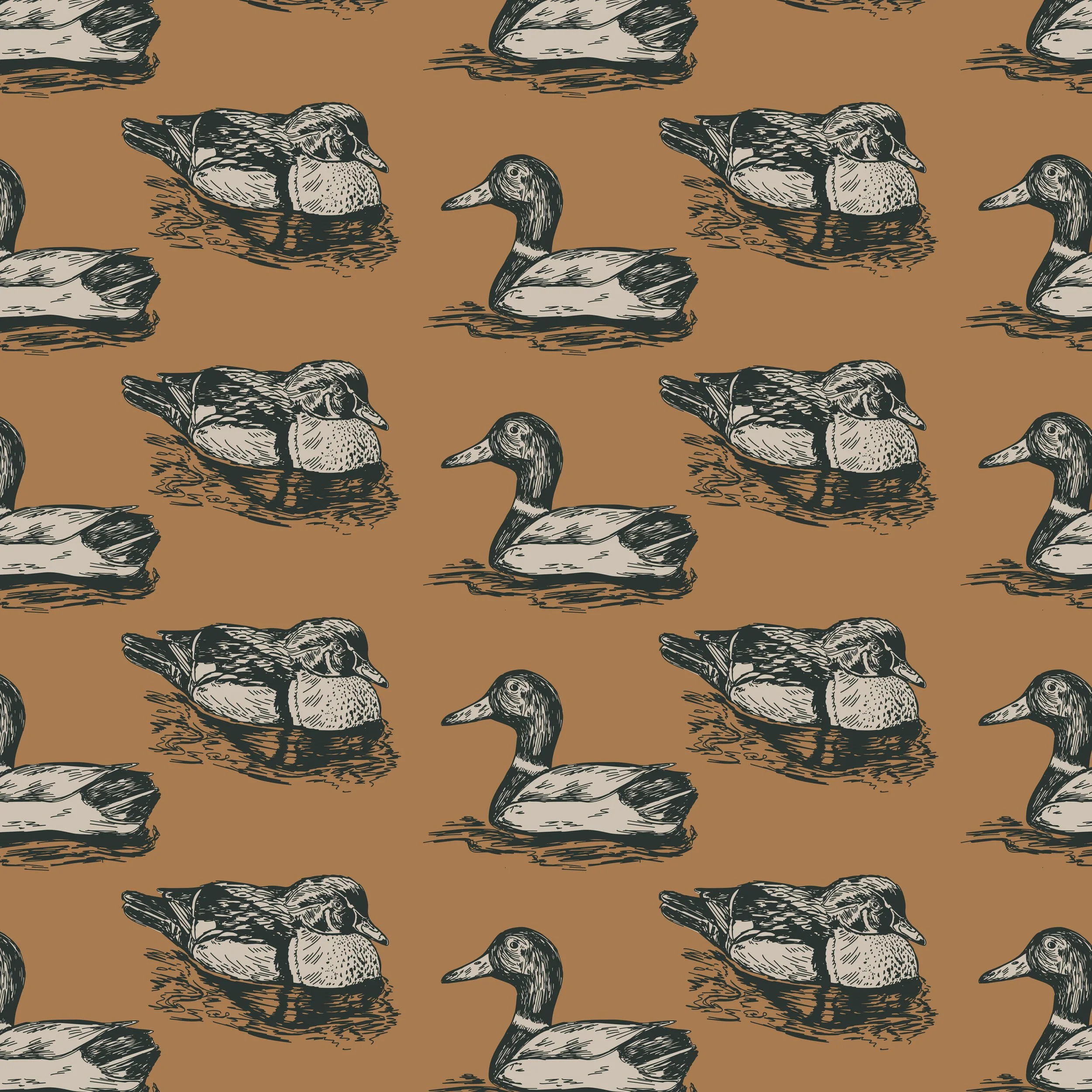 Vintage pattern design with wood duck and mallard drawn in a sketchy style.
