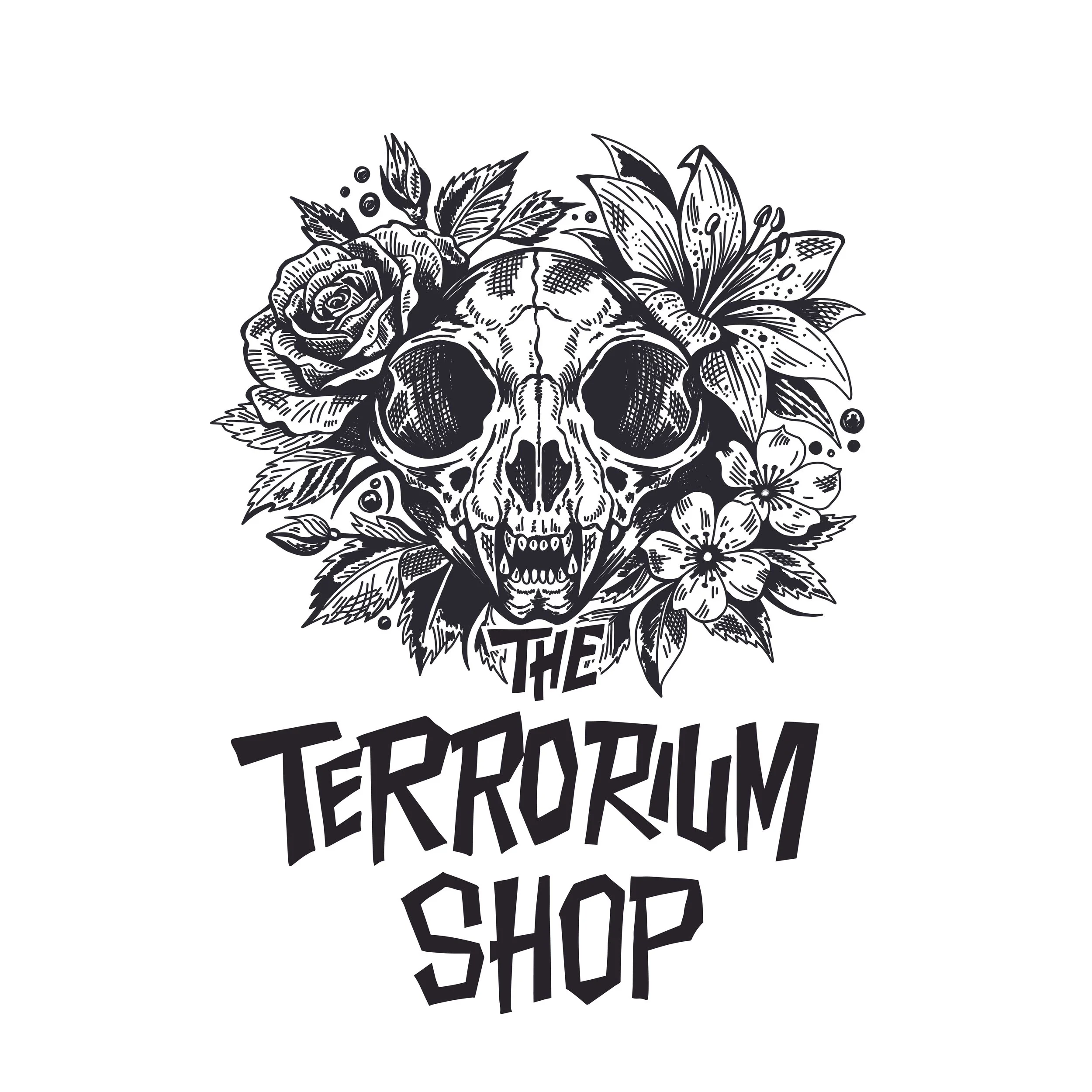 Tattoo and t-shirt art of cat skull with flowers designed for The Terrorium Shop. 