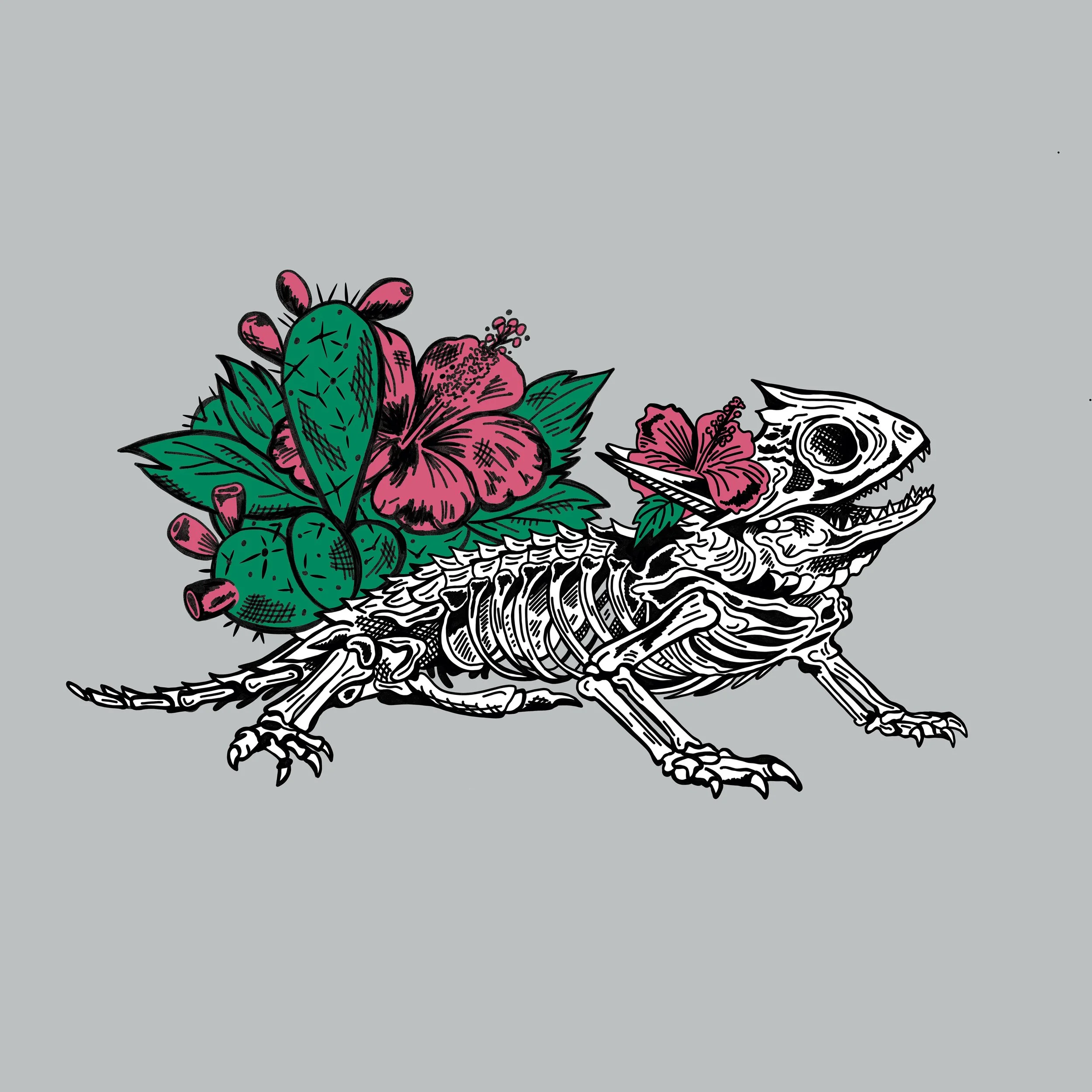 Illustration of a skeleton lizard with cactus and flowers. 