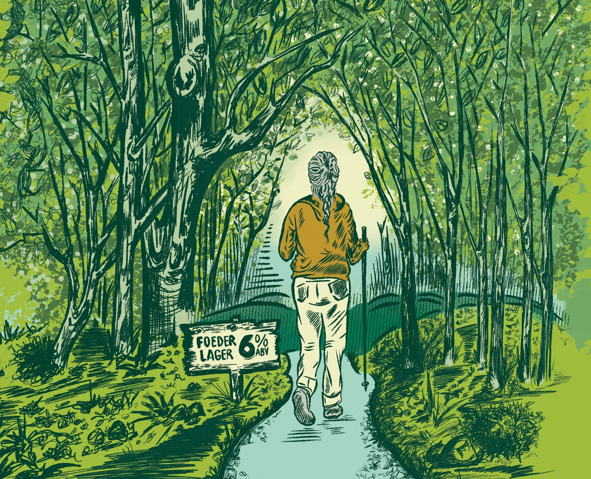 Illustration of a woman hiking through the woods on an adventure drawn in a monochromatic style. 