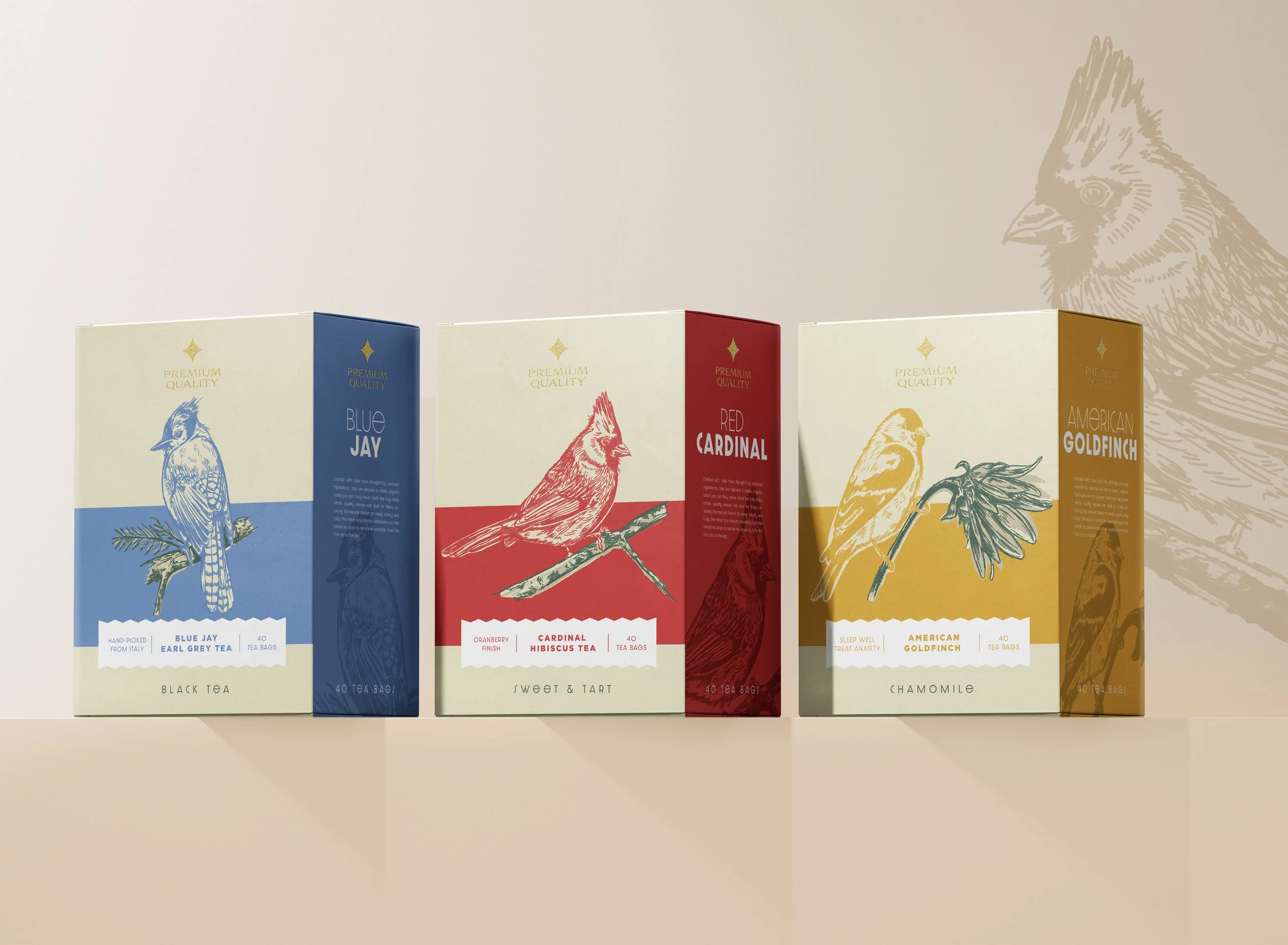Tea box packaging design with bird illustrations. 