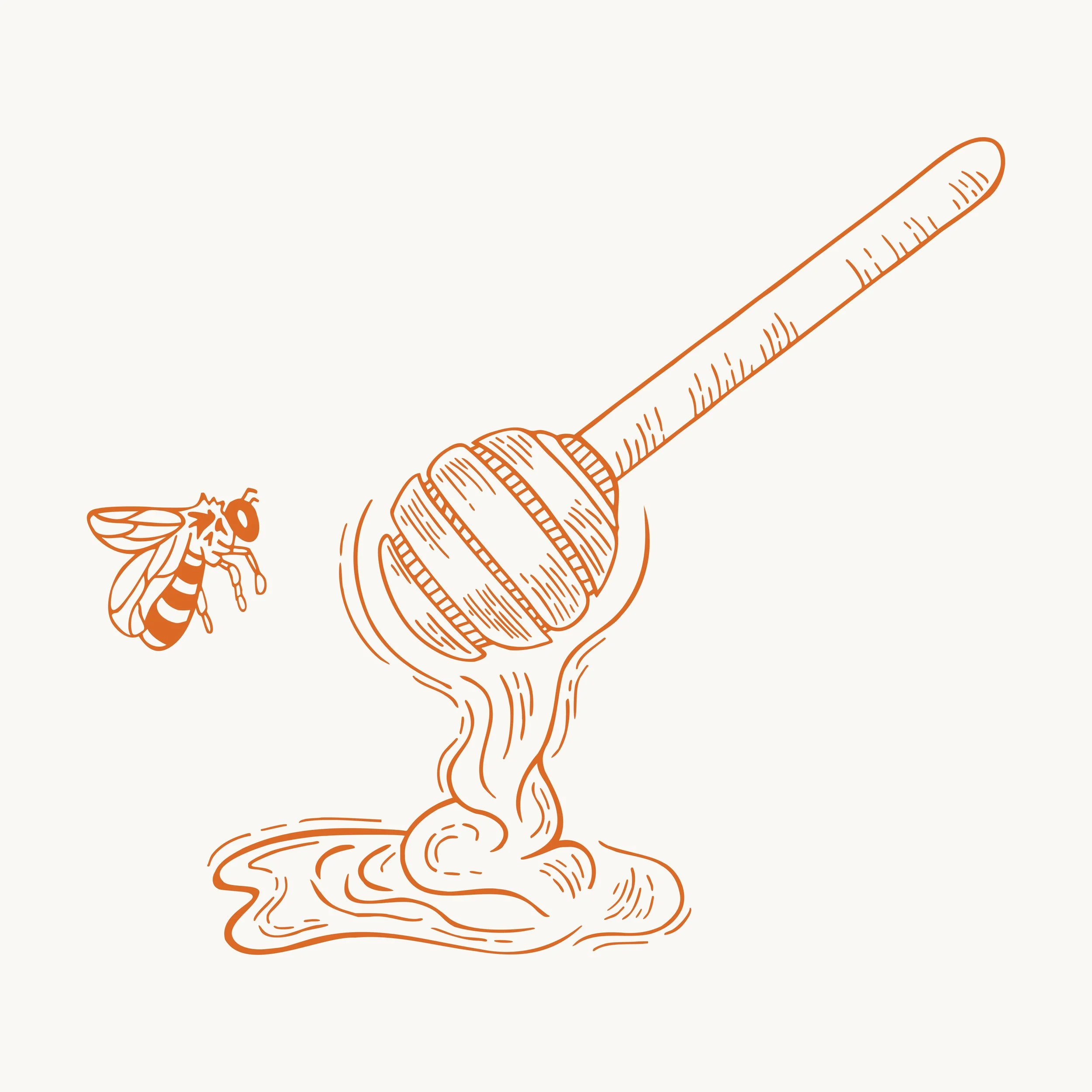 Honey bee illustration drawn in a digital engraving style for food packaging.