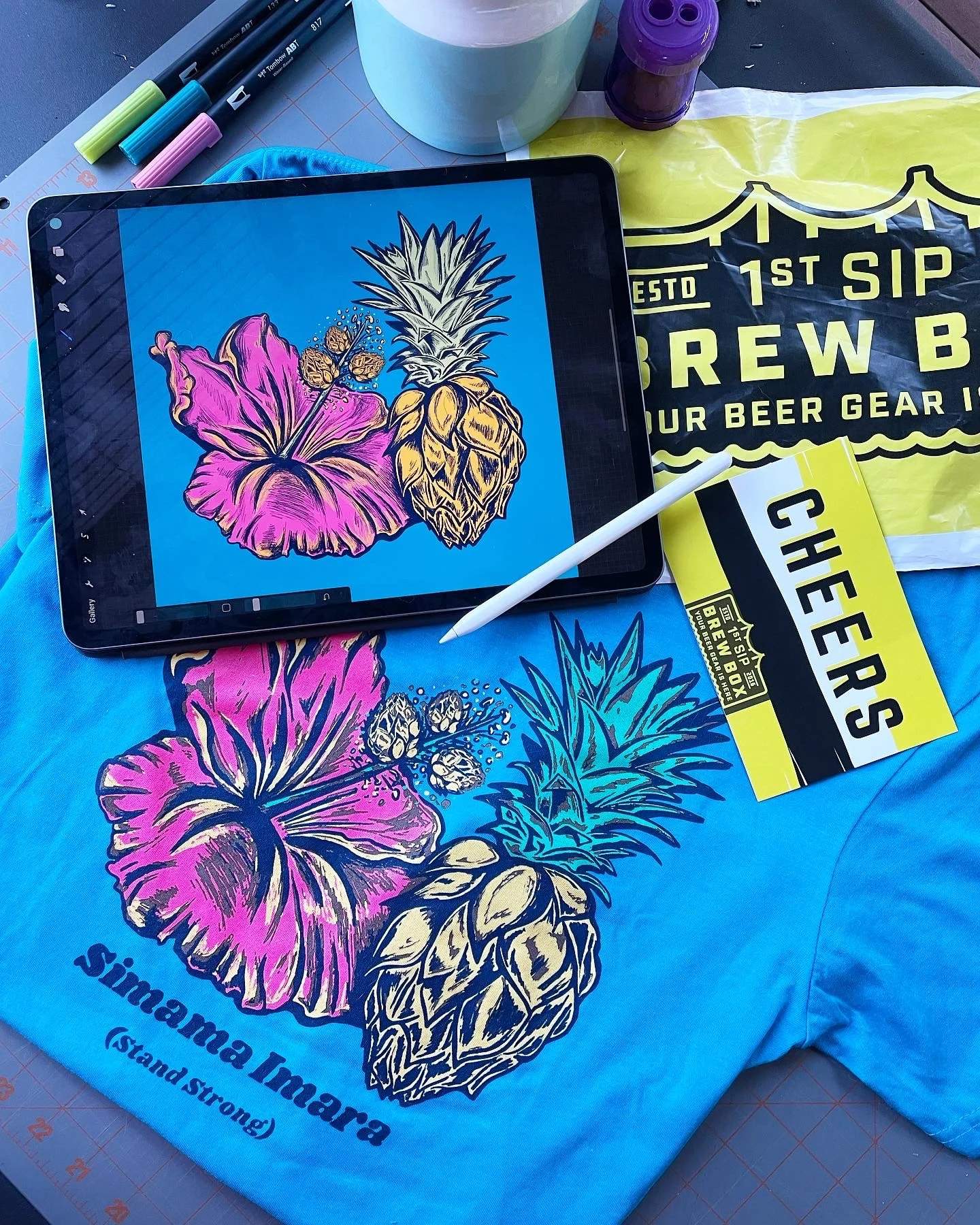 Digital illustration of a hibiscus flower and pineapple. 