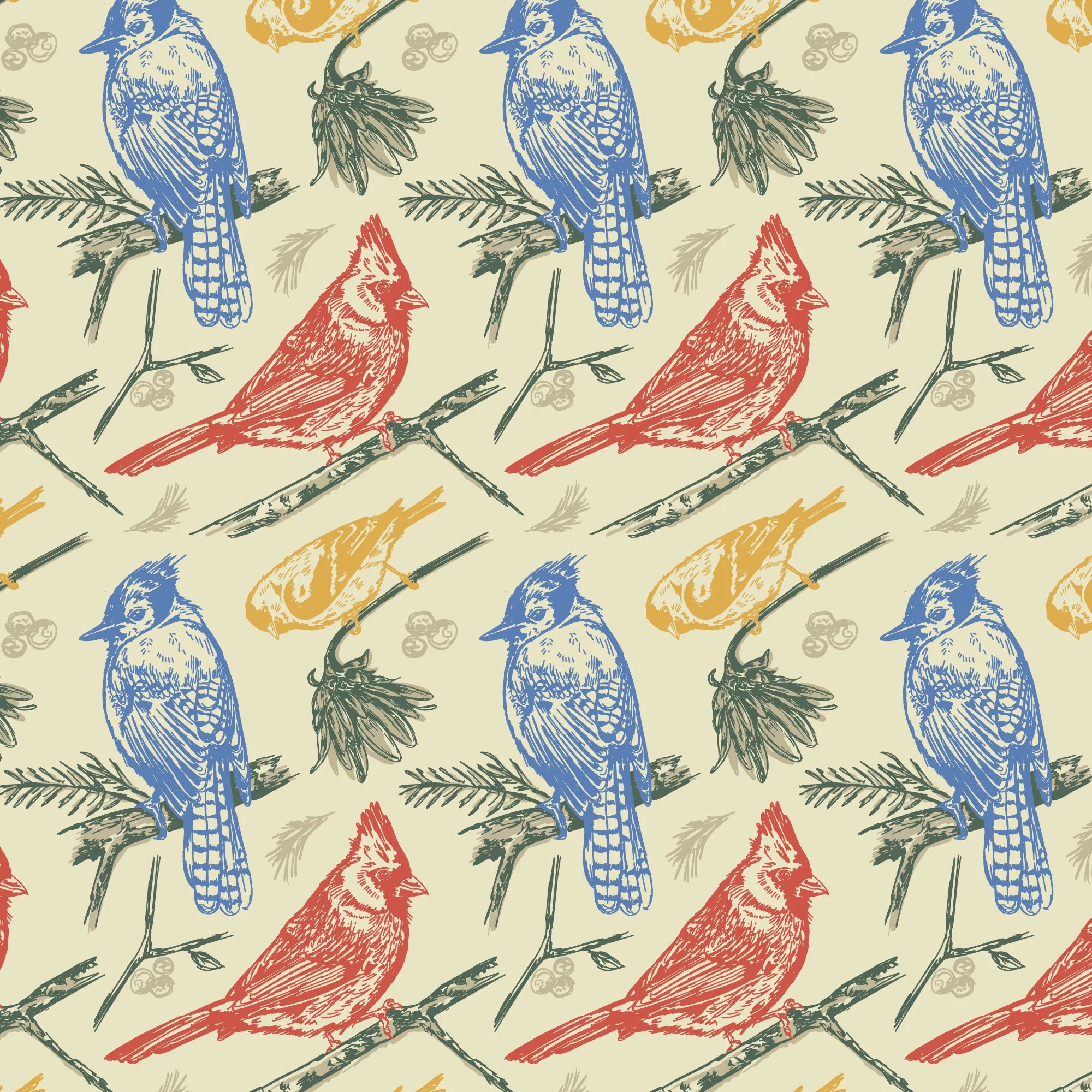 Repeat pattern design of birds including a cardinal, blue jay and American Goldfinch designed for fabric, textiles and surface design.