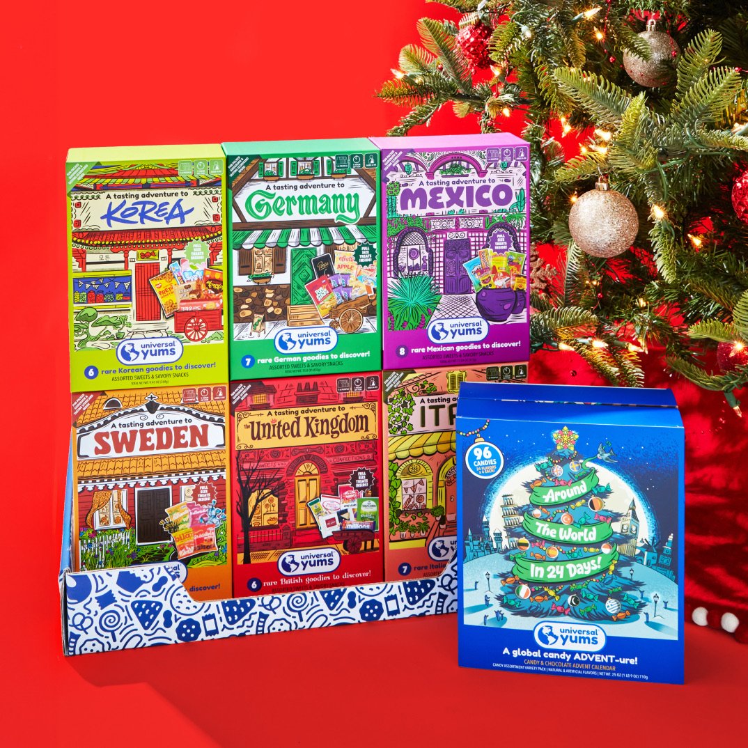 Snack boxes with custom illustrations of architecture and houses for countries around the world including Germany, Mexico, Sweden, Italy, UK and Korea designed for Universal Yums.