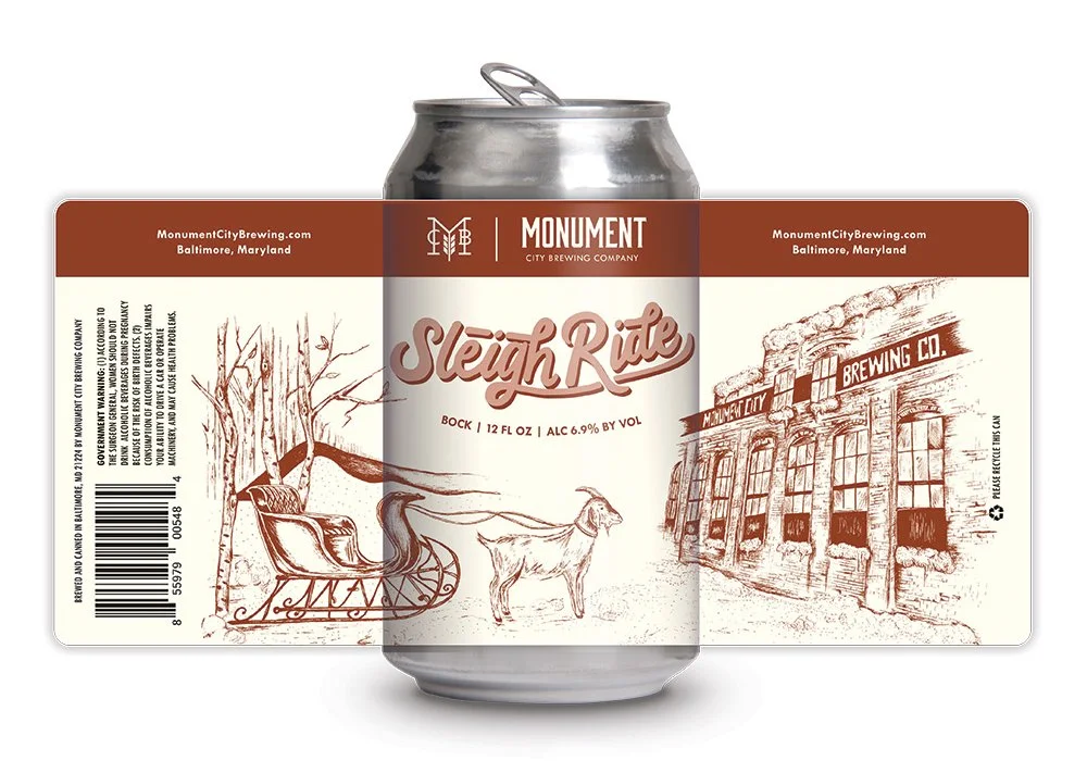 Beer label design with illustration of brewery and goat pulling a sleigh. 