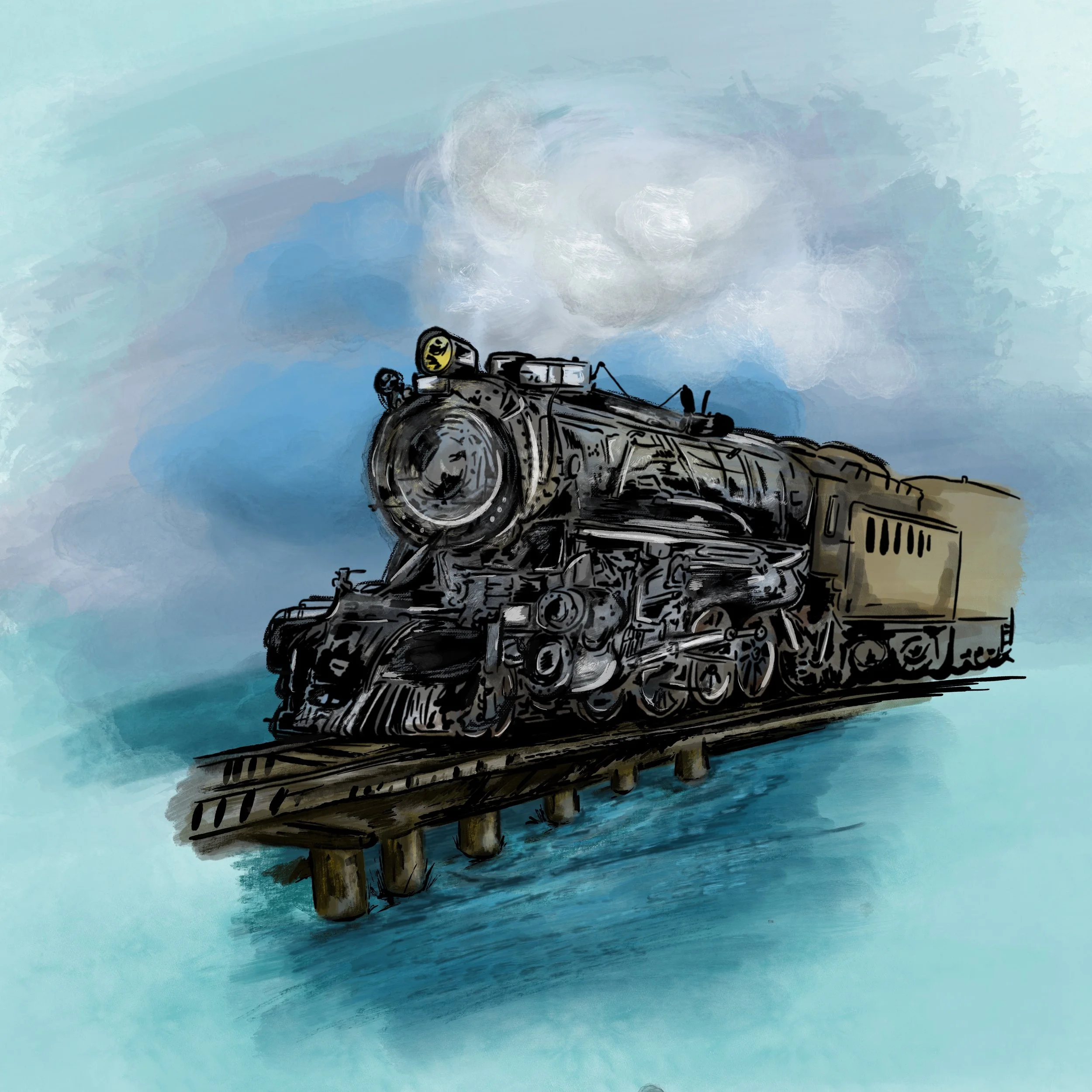 Painting of a train racing on tracks with smoke in a washy style with paint strokes. 
