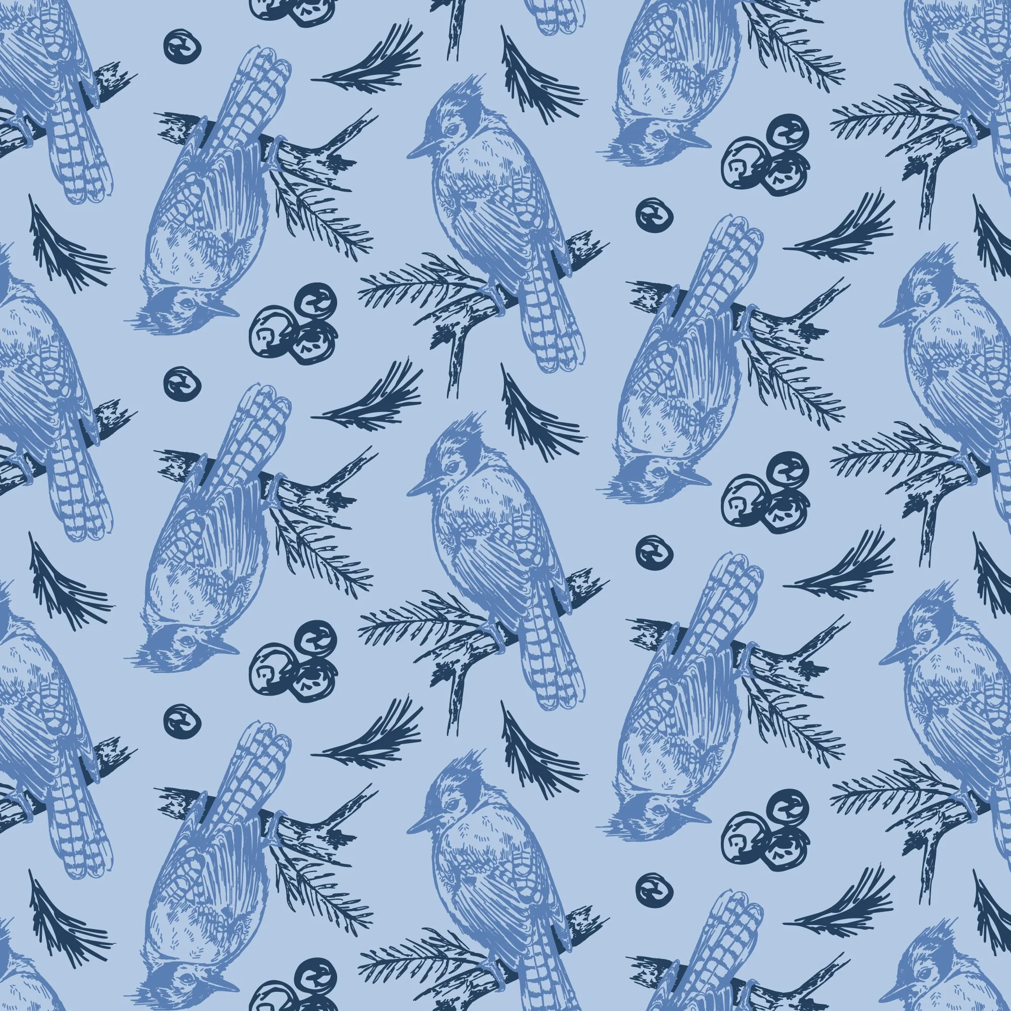 Repeat pattern design of a blue jay designed for fabric and textiles. 