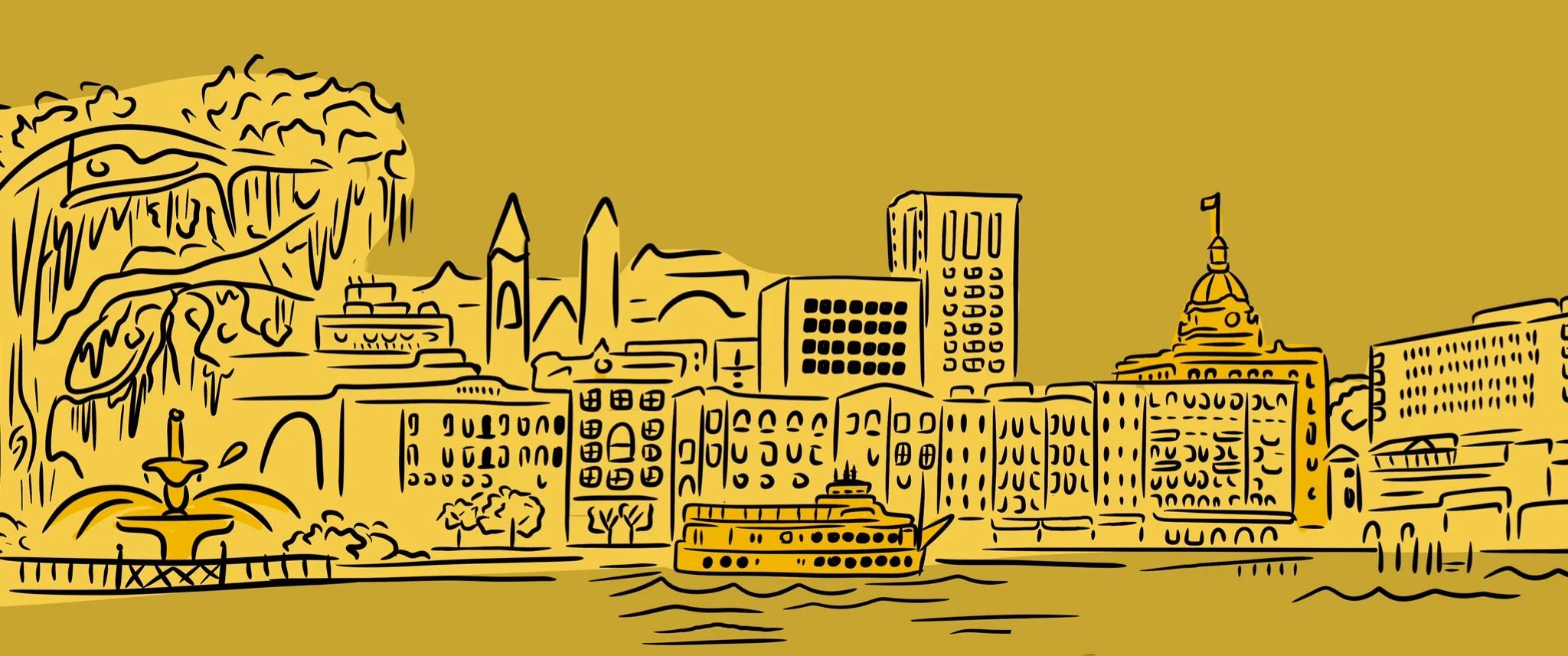 Line art illustration of the city of Savannah, Georgia, illustrated for a travel editorial. 