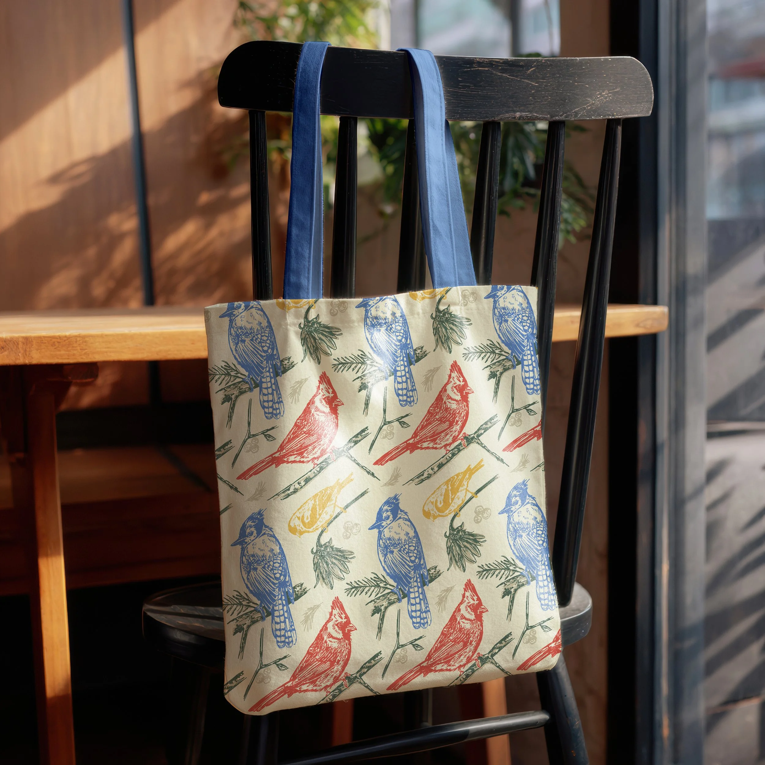 Tote bag with bird pattern that makes the perfect gift for a birding friend. 