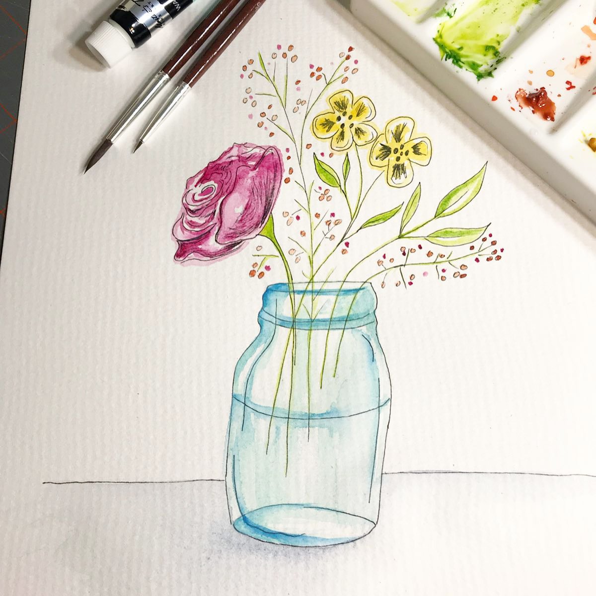 Hand painted watercolor illustration of Spring flowers in a mason jar. 