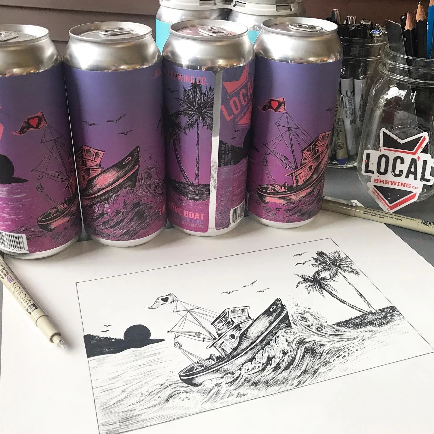 Pen and ink drawing of a love boat for a beer label design for Local Brewing Co.