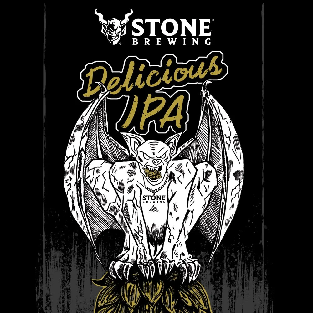 Stone brewing delicious IPA label design with gargoyle stone statue illustration. 