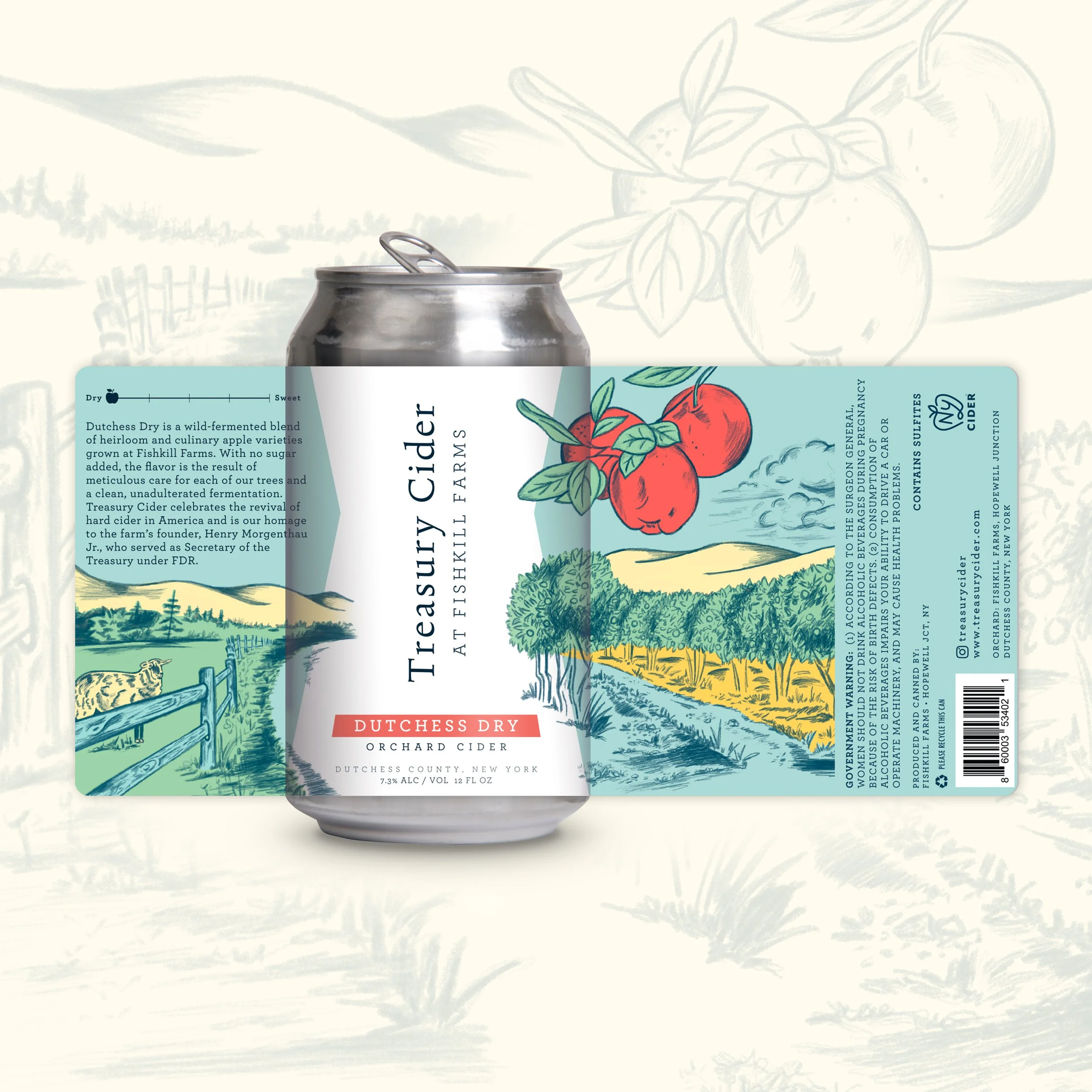 Beer label design for Treasury Cider showing apple fields at the farm illustrated in a soft colored pencil style with sketchy strokes by hand. 