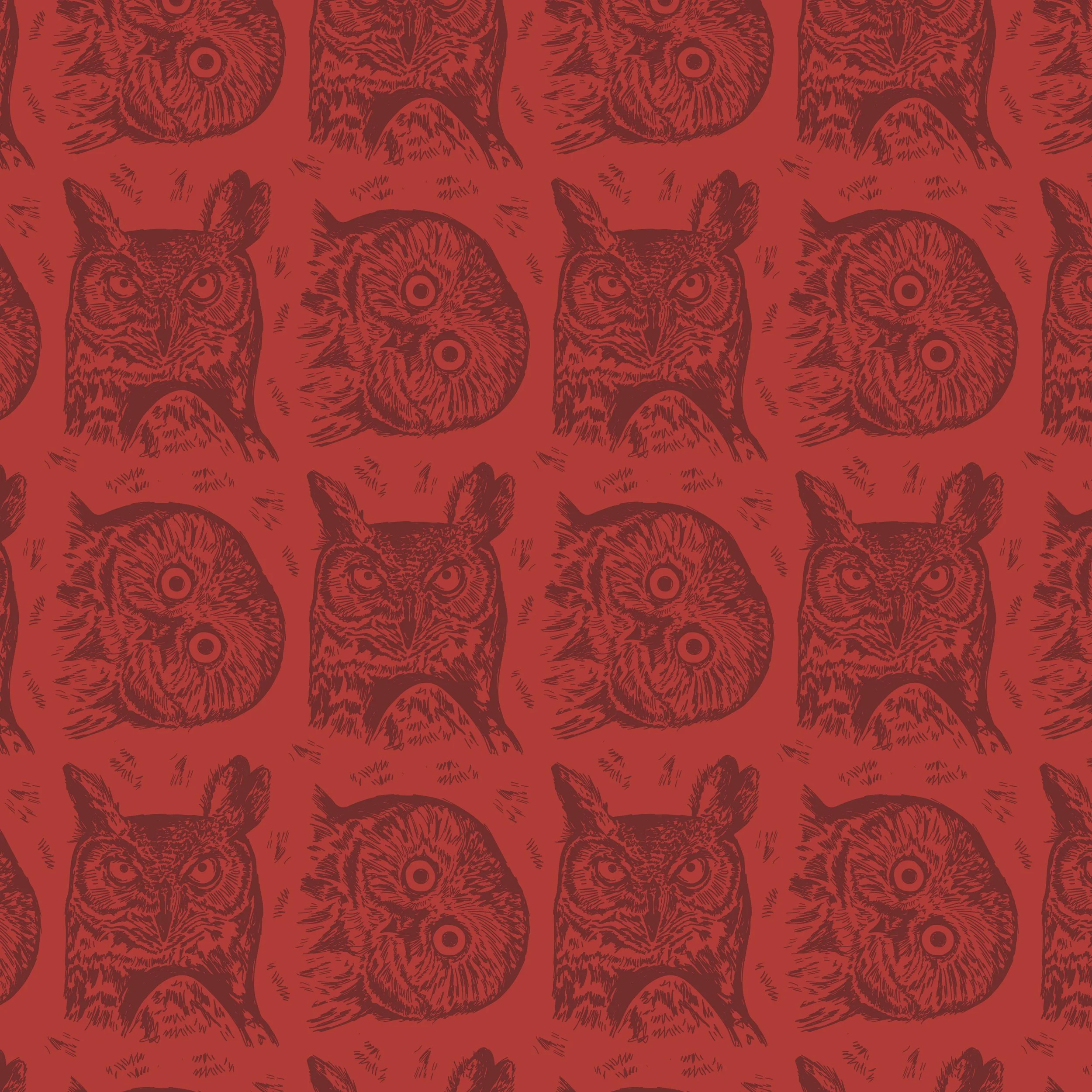 Surface design of owl heads in a seamless repeat pattern for textiles and fabric. 