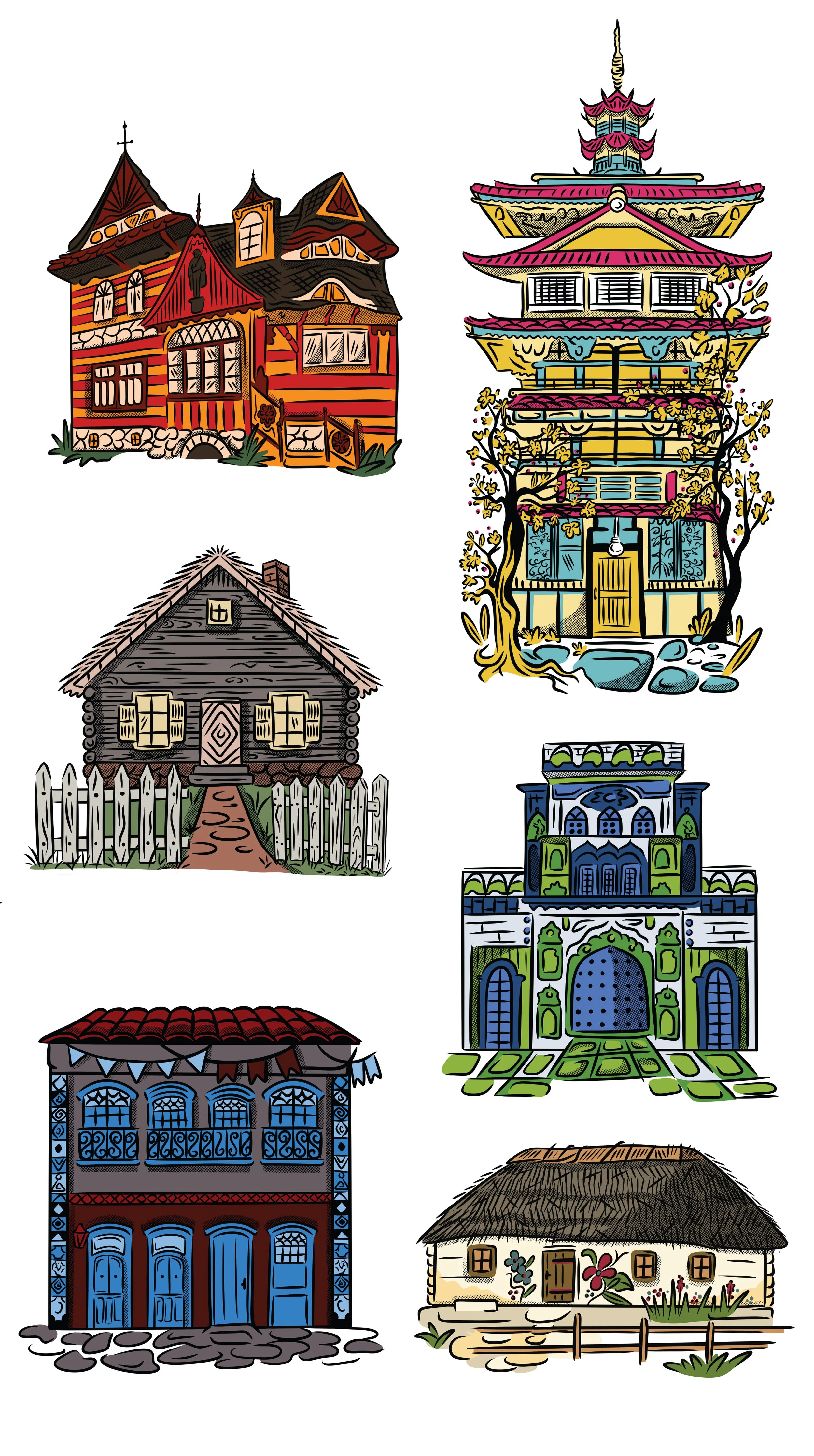 Drawing series of tiny houses from around the world showing architecture from each country. 