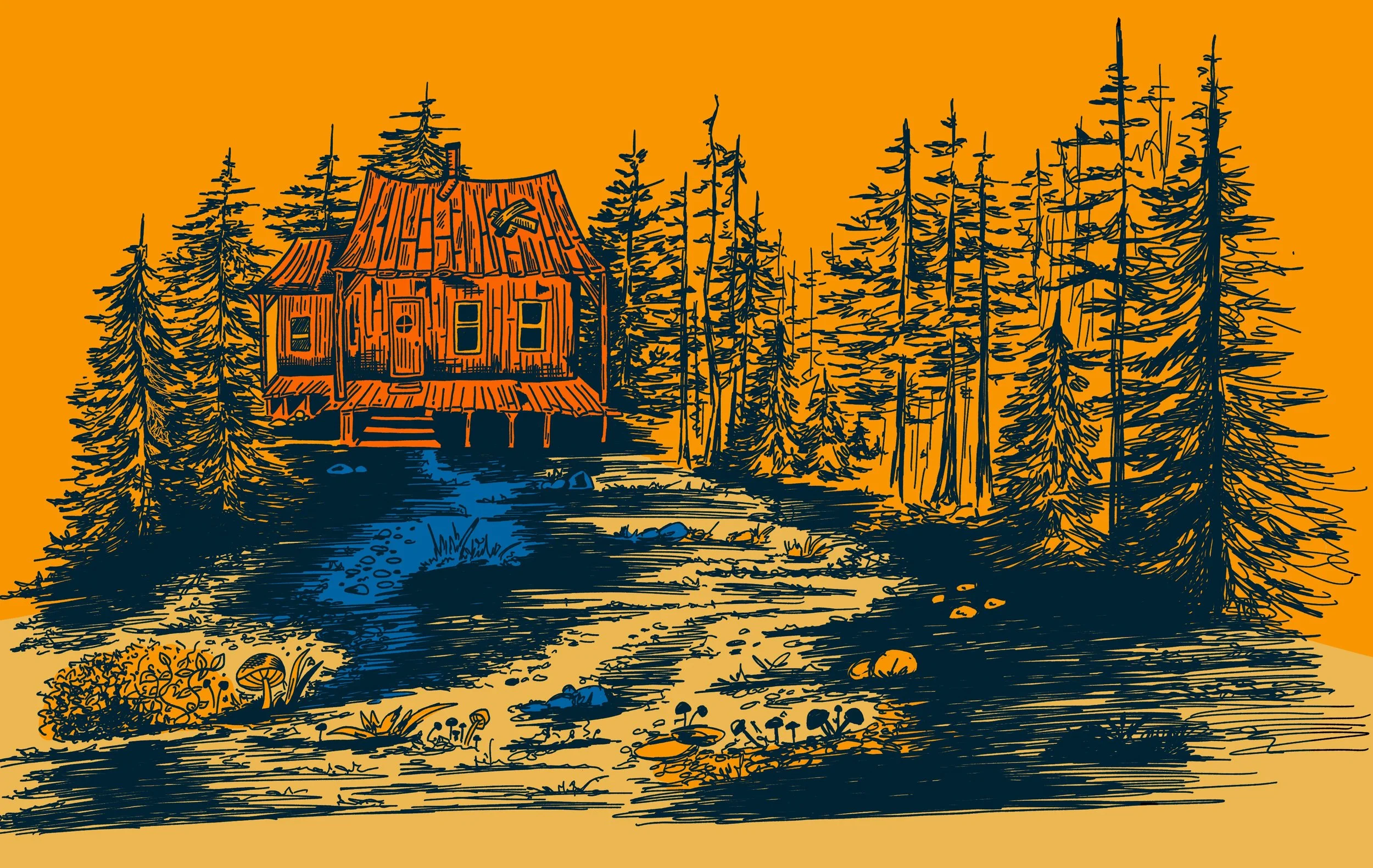 Stylized illustration of a rustic wooden cabin on short stilts set in a dense evergreen forest. The artwork uses bold, limited color blocking in orange, blue, and dark ink-like lines. A winding path leads to the cabin through textured ground with roc