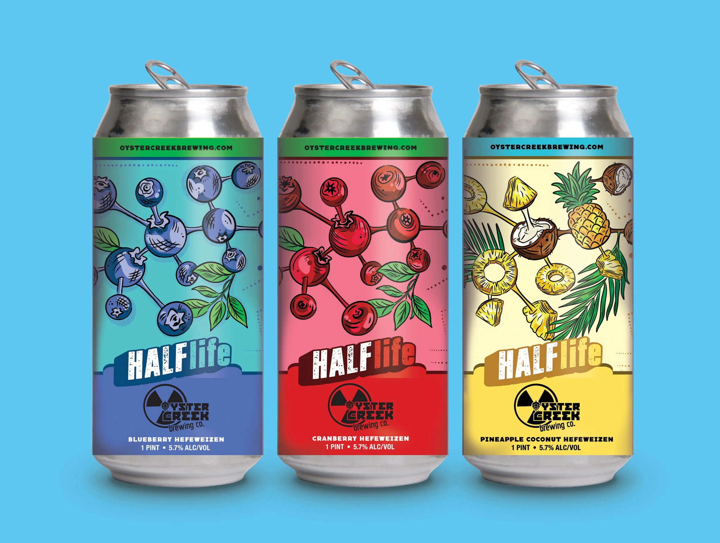 Beer label design for a fruit series sour beer with custom illustrations of molecules turning into blueberries, cranberries and pineapple.  