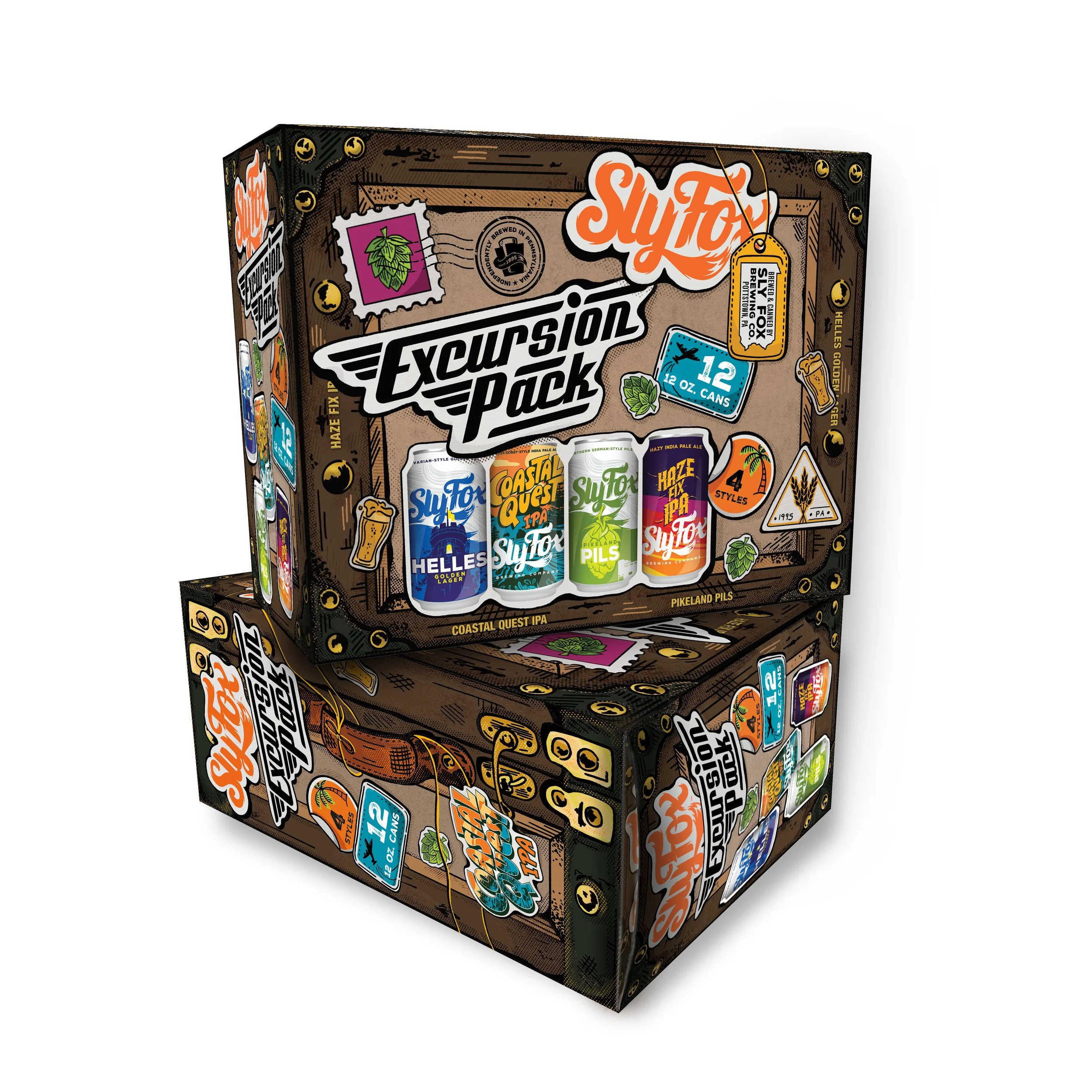 Beer variety pack box design with custom illustration on the case to look like a travel suitcase with stickers. 