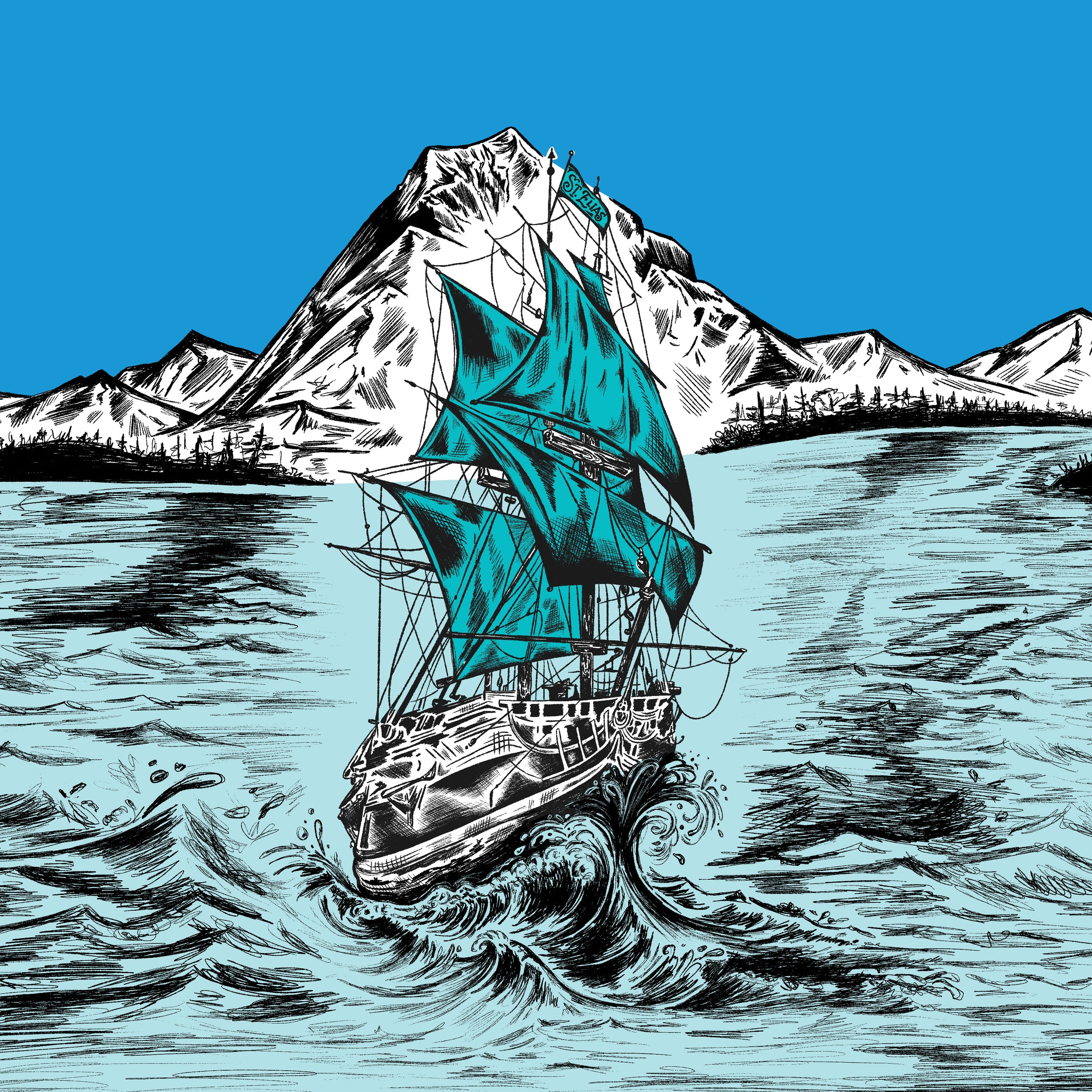 Boat illustration sailing towards Alaska in brisk water, hand drawn in black pen and ink. 