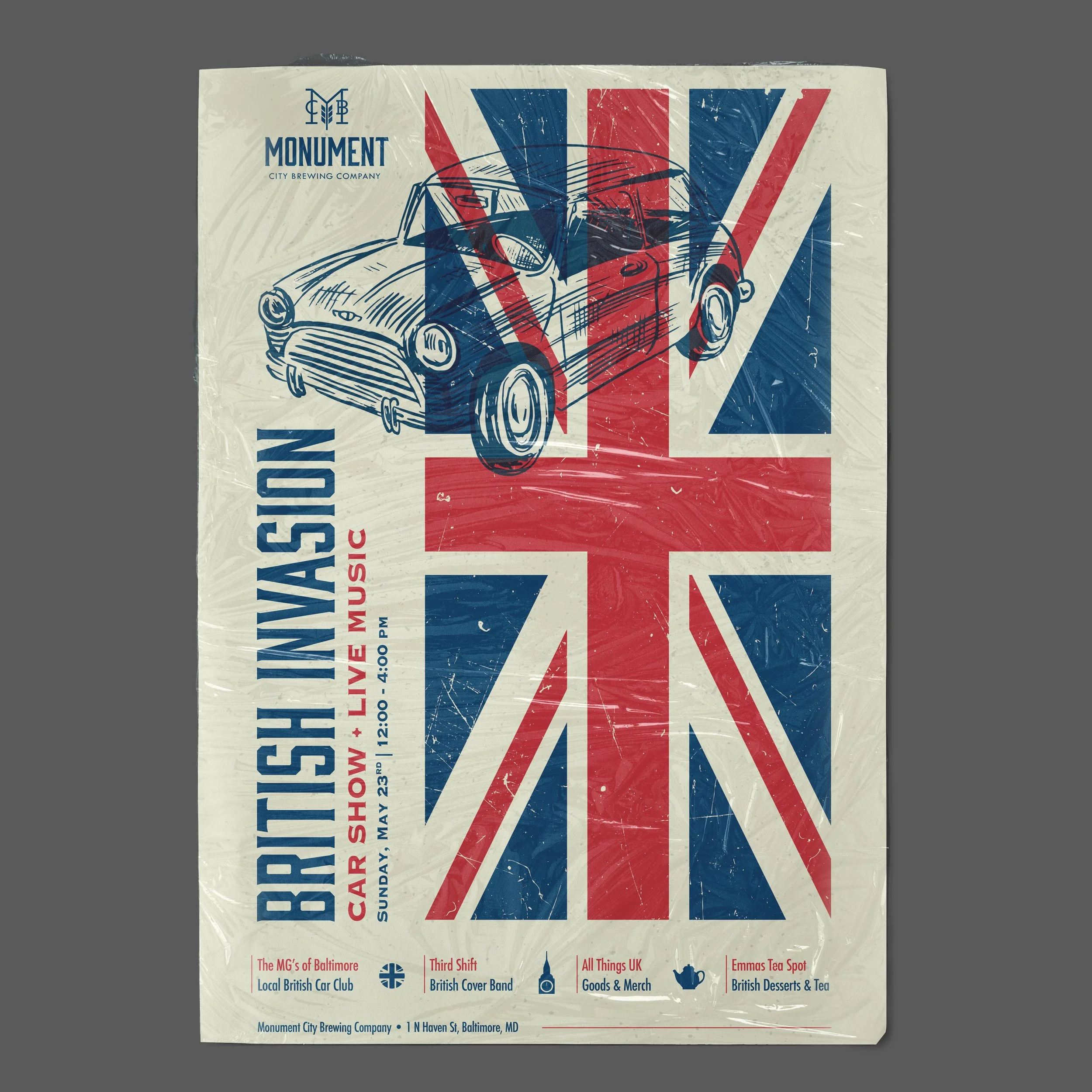 Poster design with British flag designed for a car show.