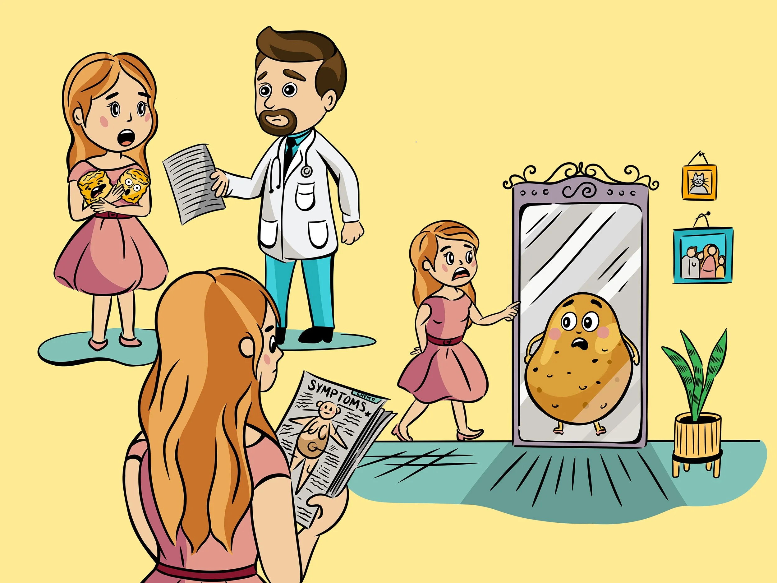 Cartoon illustration of doctor giving cancer patient the test results. 